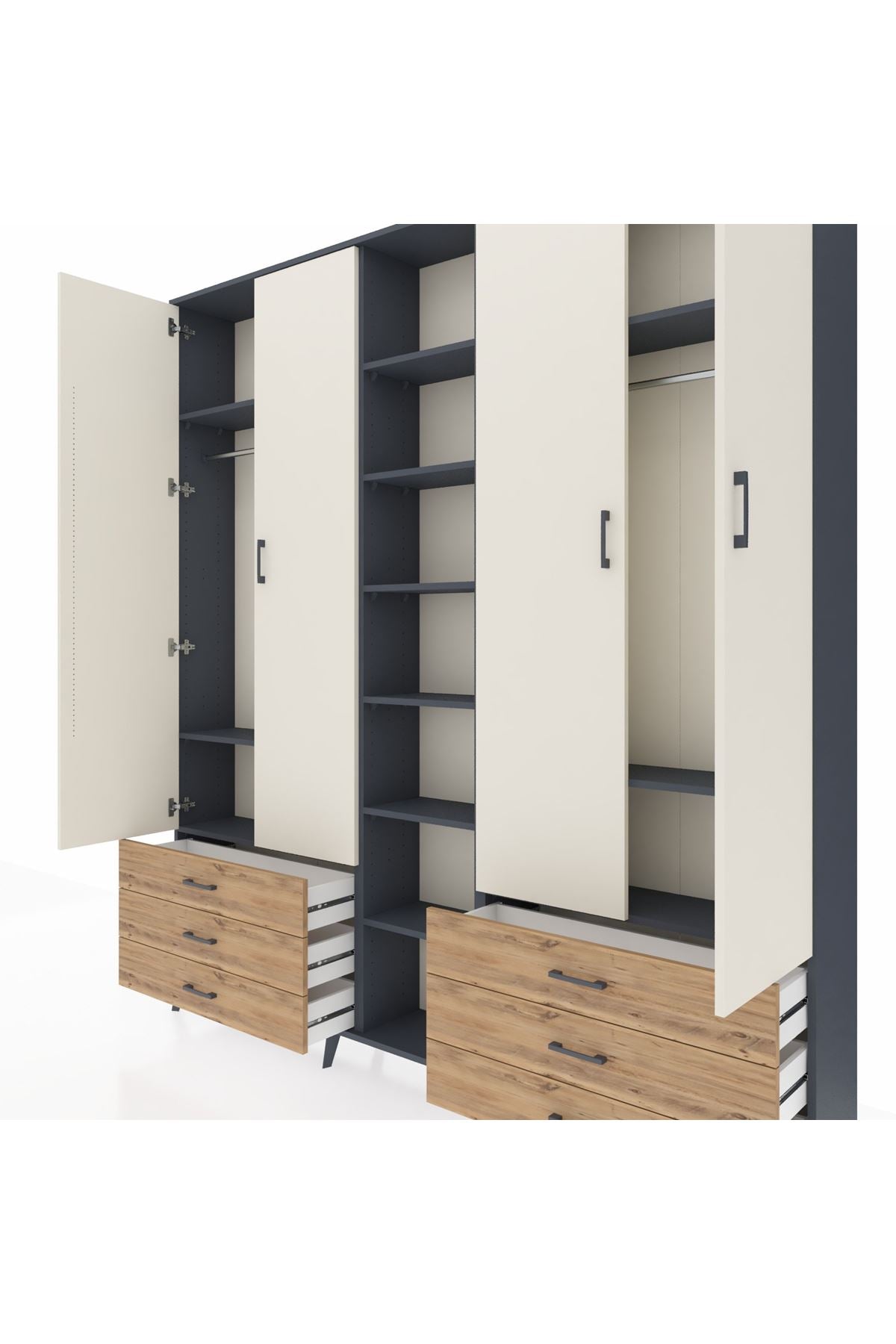 Arges Dolap 13 Raflı 6 Çekmeceli 2 Askılı 220x30x243 Antrasit-Aytaşı/Çam