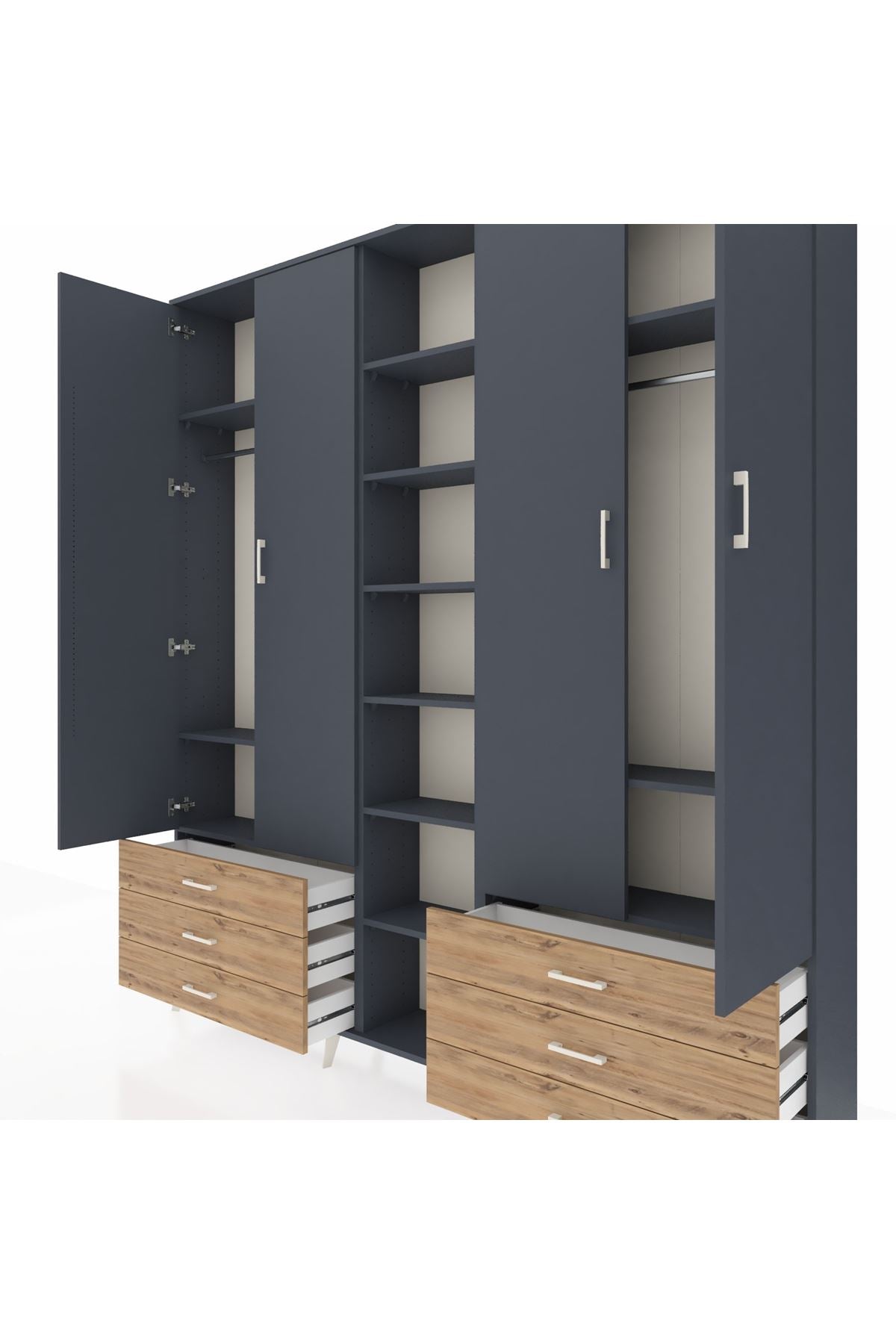 Arges Dolap 13 Raflı 6 Çekmeceli 2 Askılı 220x30x243 Antrasit-Antrasit/Çam