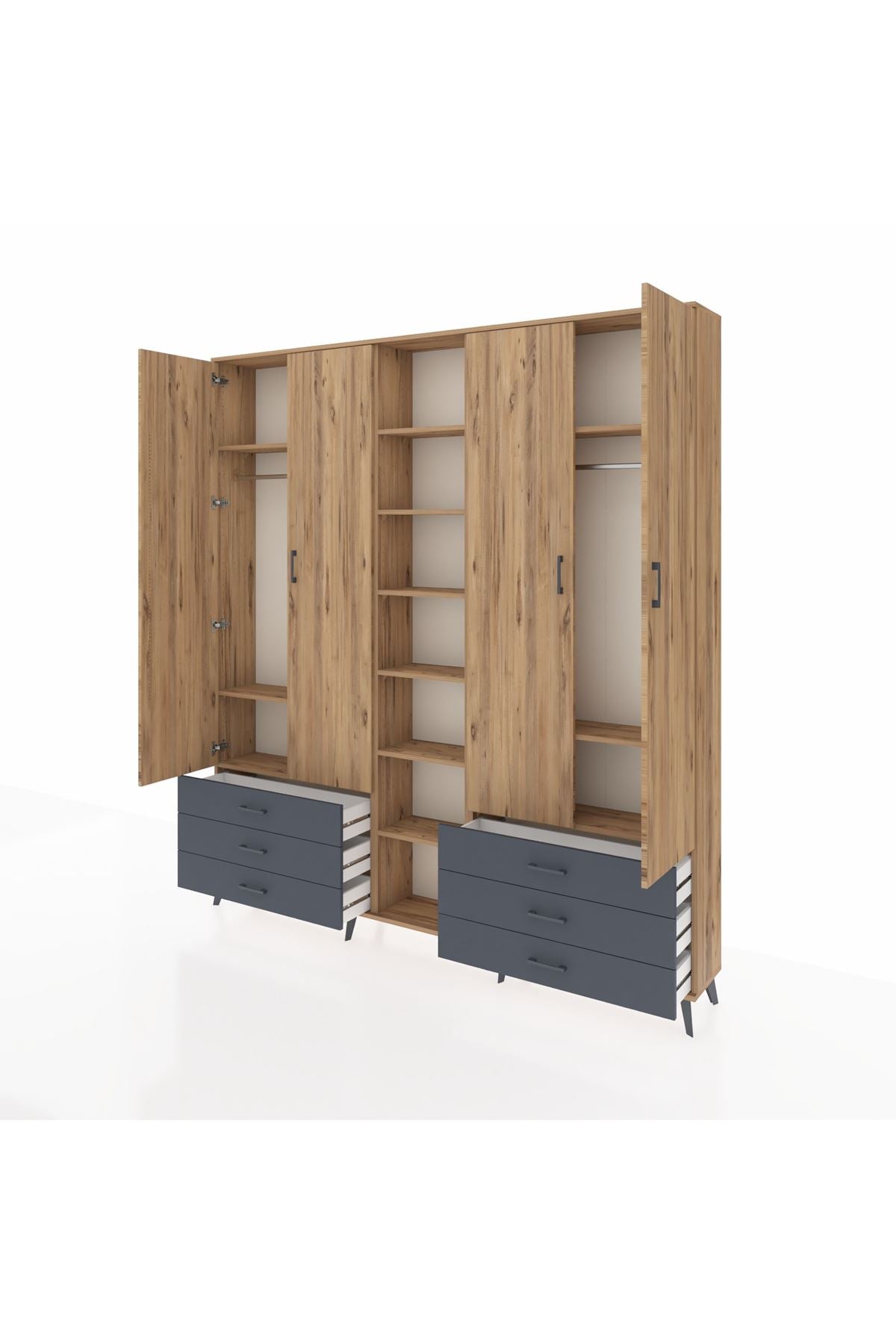 Arges Dolap 13 Raflı 6 Çekmeceli 2 Askılı 220x30x243 Çam-Çam/Antrasit