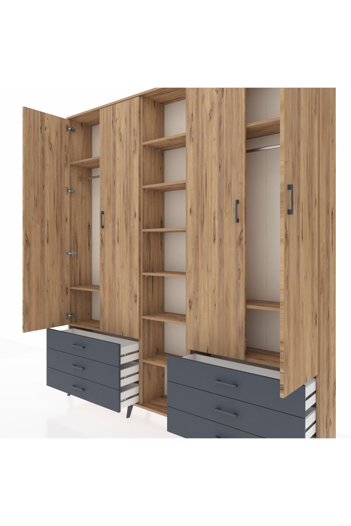 Arges Dolap 13 Raflı 6 Çekmeceli 2 Askılı 220x30x243 Çam-Çam/Antrasit