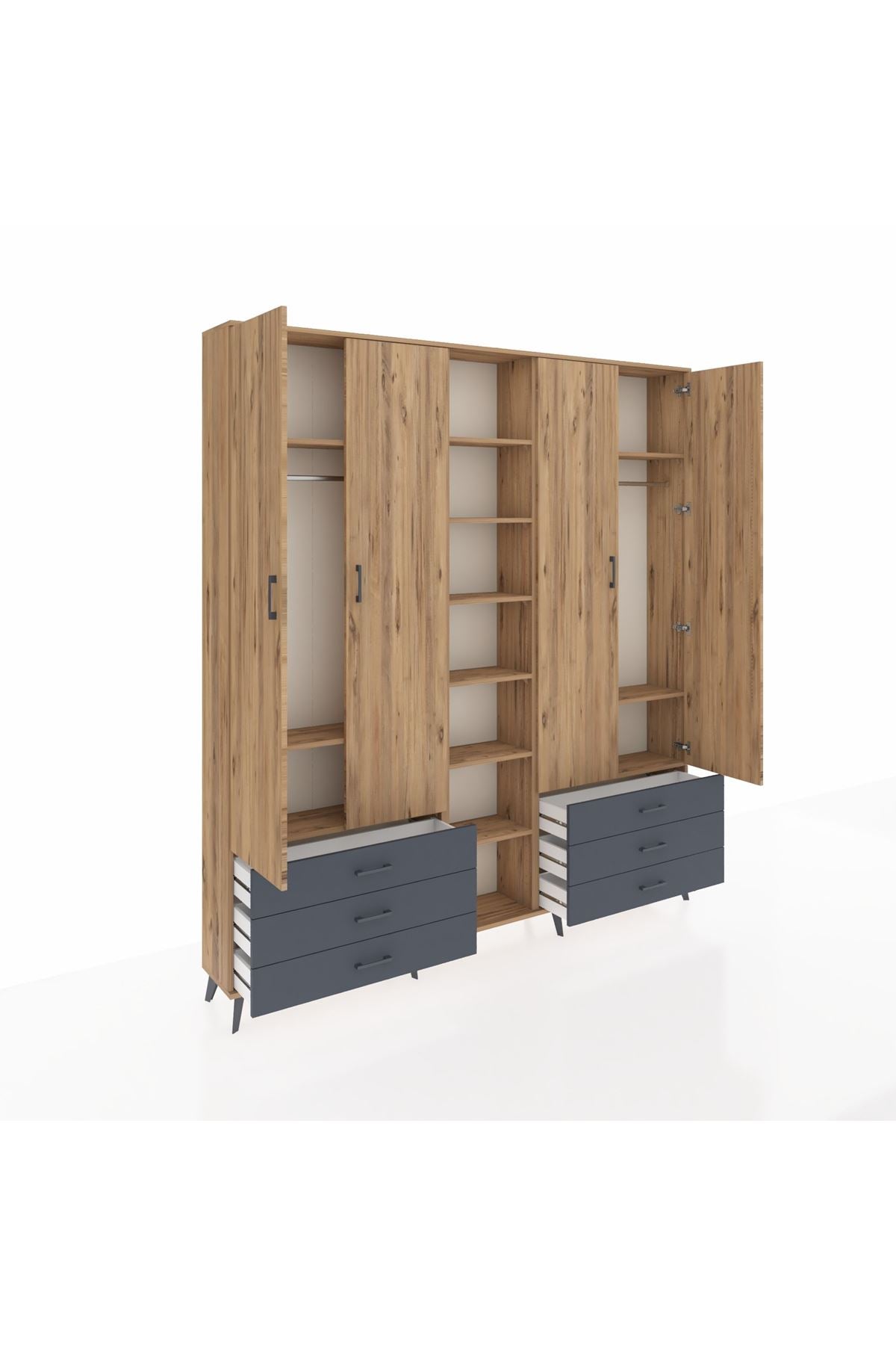 Arges Dolap 13 Raflı 6 Çekmeceli 2 Askılı 220x30x243 Çam-Çam/Antrasit