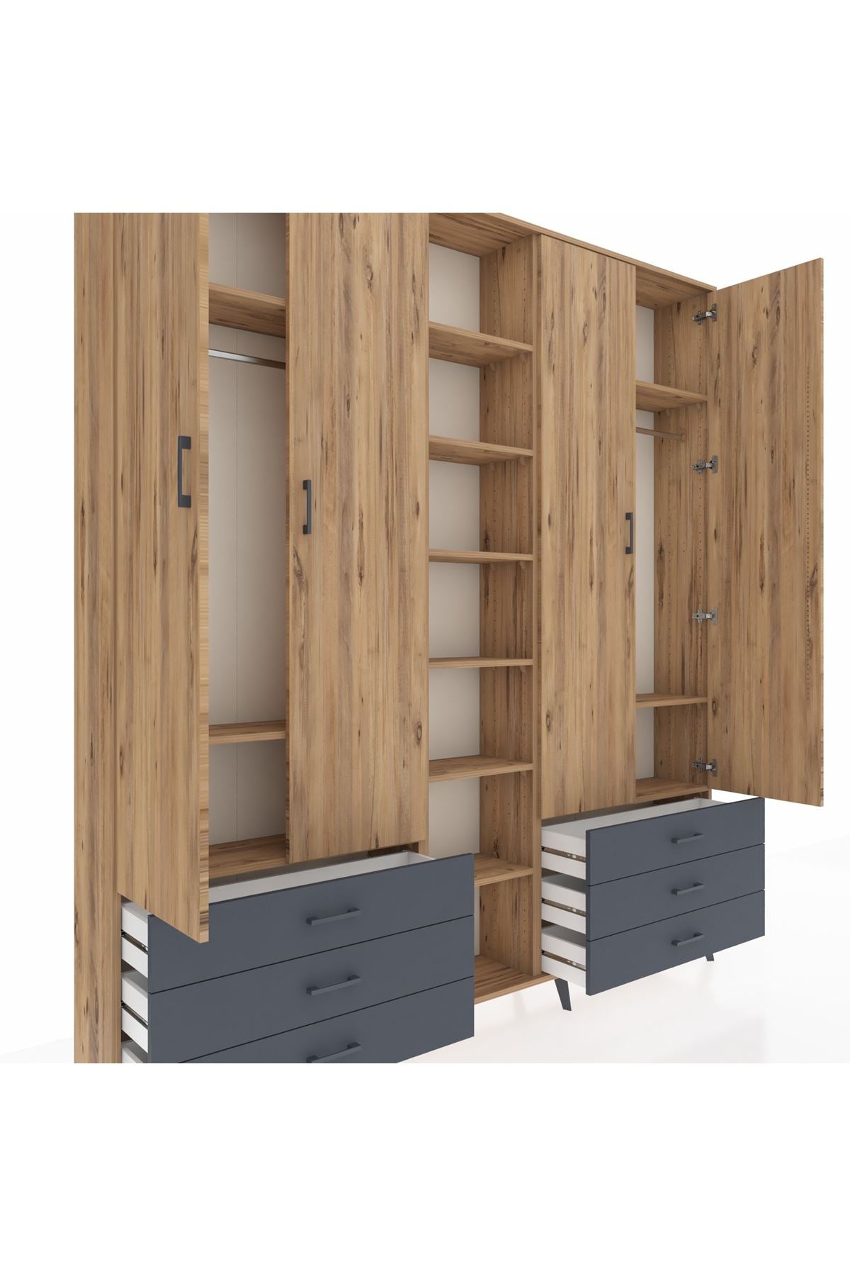 Arges Dolap 13 Raflı 6 Çekmeceli 2 Askılı 220x30x243 Çam-Çam/Antrasit