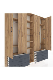Arges Dolap 13 Raflı 6 Çekmeceli 2 Askılı 220x30x243 Çam-Çam/Antrasit