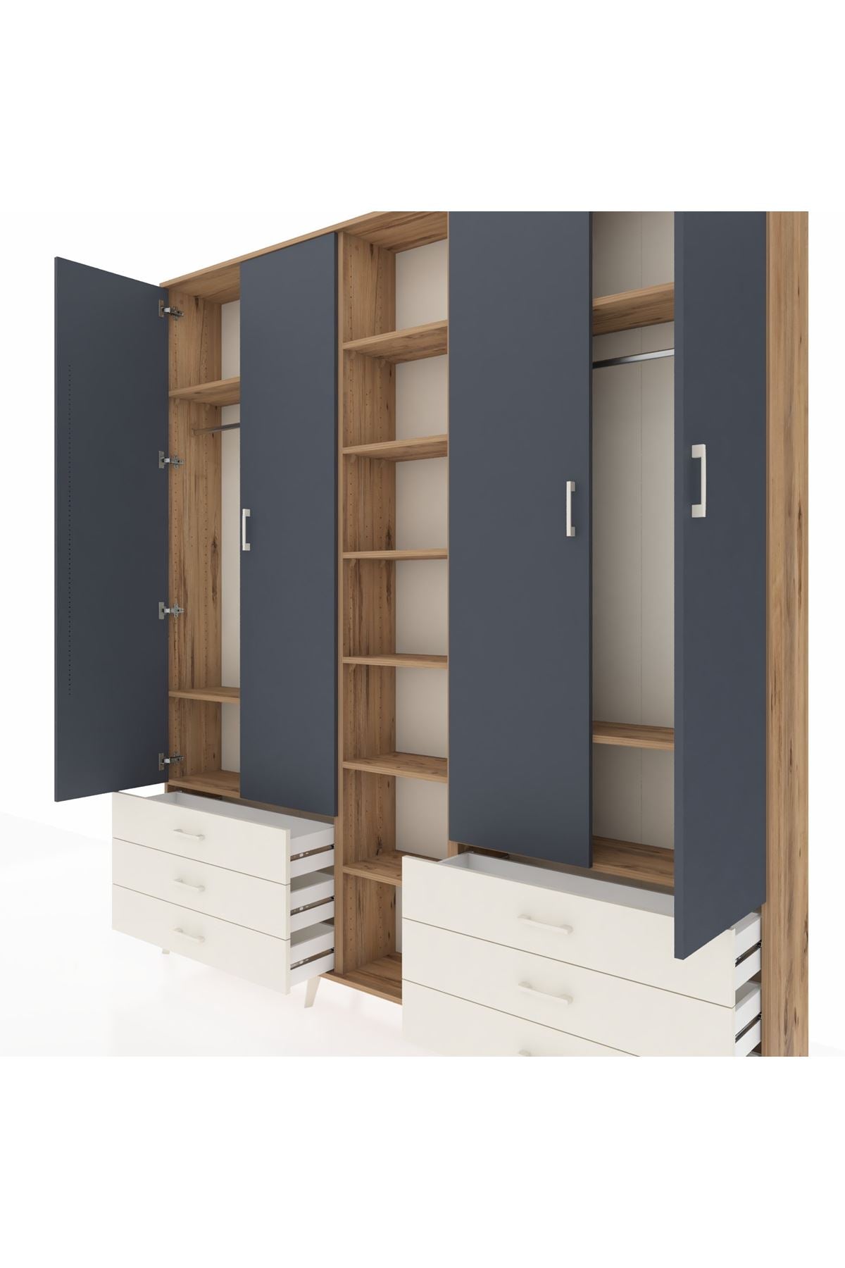 Arges Dolap 13 Raflı 6 Çekmeceli 2 Askılı 220x30x243 Çam-Antrasit/Aytaşı