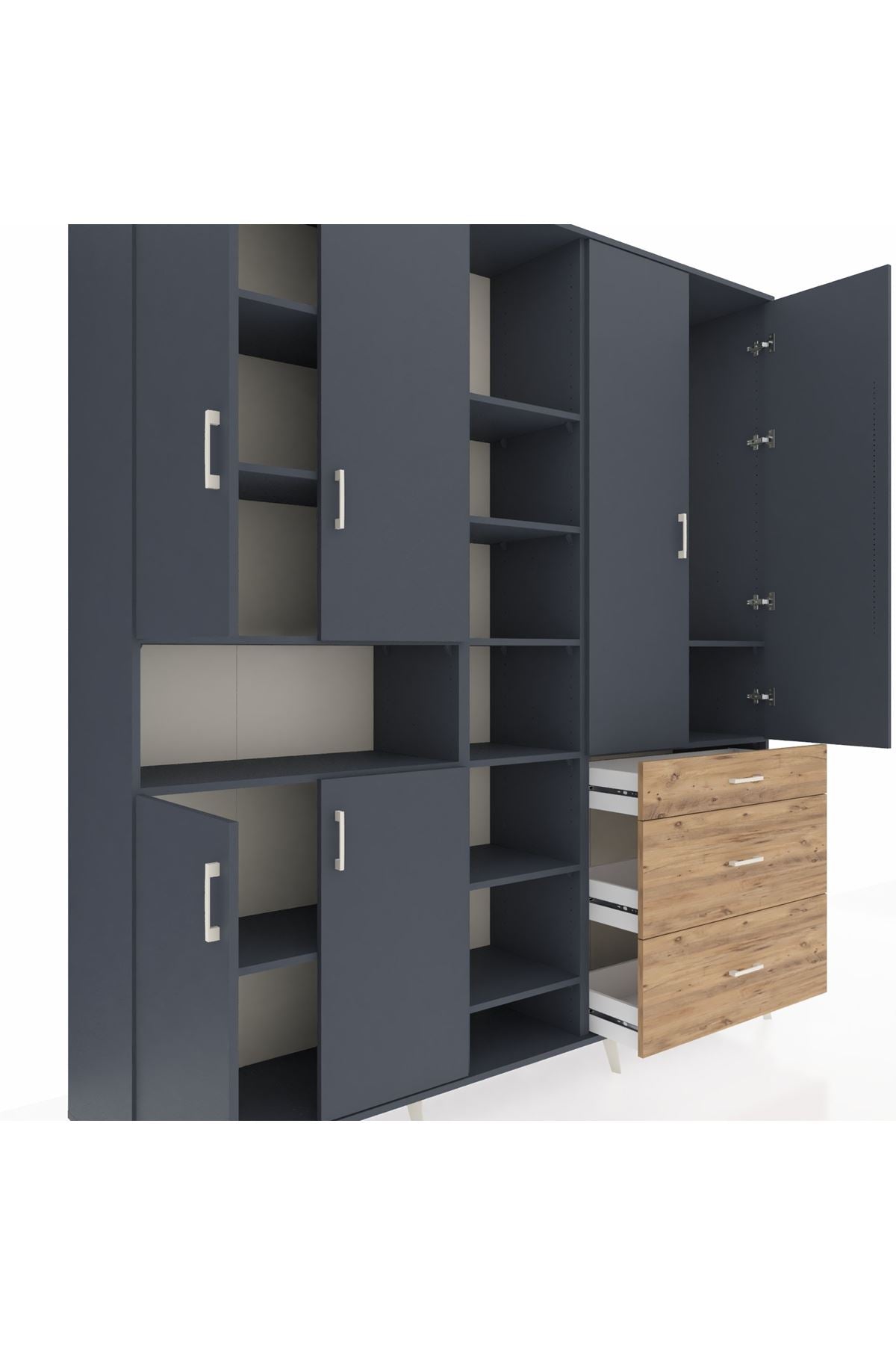 Hyperion Dolap 13 Raflı 3 Çekmeceli 6 Kapaklı 220x44x243 Antrasit-Antrasit/Çam