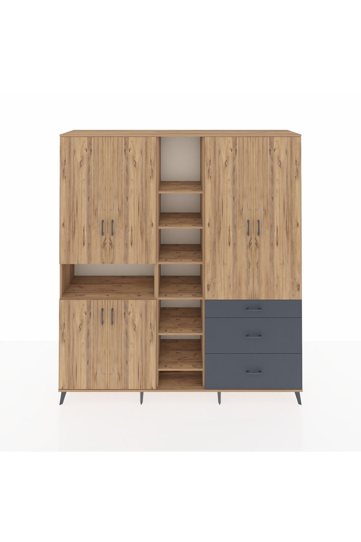 Hyperion Dolap 13 Raflı 3 Çekmeceli 6 Kapaklı 220x44x243 Çam-Çam/Antrasit