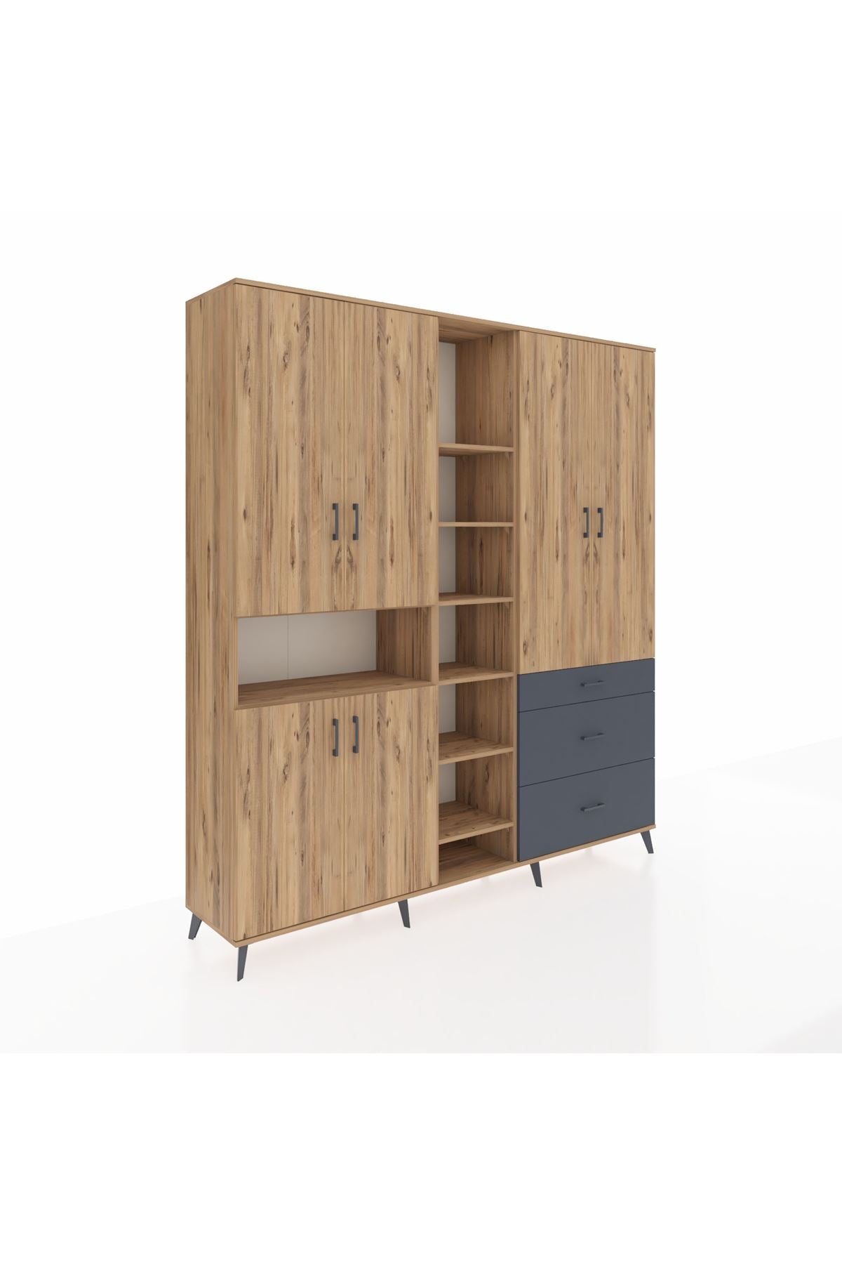 Hyperion Dolap 13 Raflı 3 Çekmeceli 6 Kapaklı 220x44x243 Çam-Çam/Antrasit