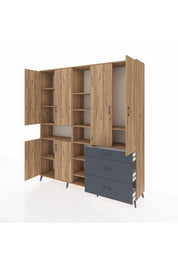 Hyperion Dolap 13 Raflı 3 Çekmeceli 6 Kapaklı 220x44x243 Çam-Çam/Antrasit