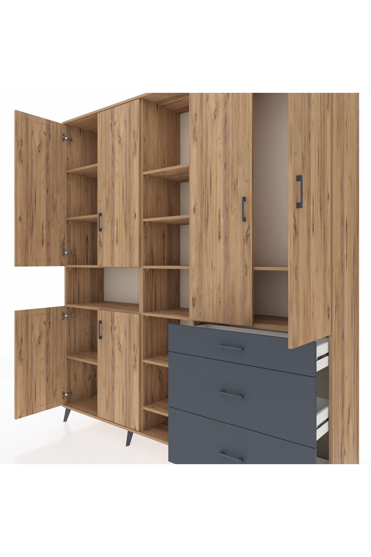 Hyperion Dolap 13 Raflı 3 Çekmeceli 6 Kapaklı 220x44x243 Çam-Çam/Antrasit