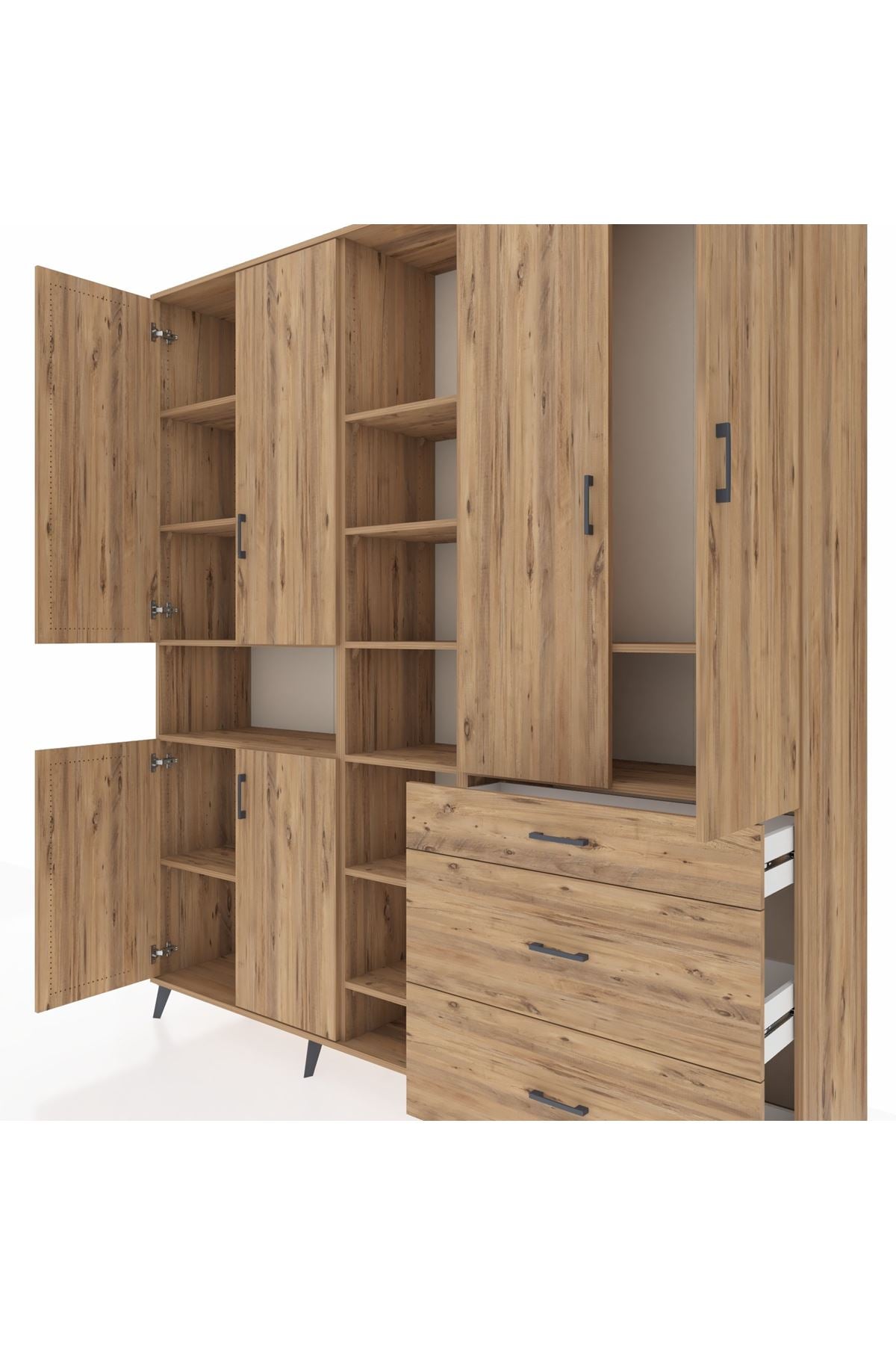 Hyperion Dolap 13 Raflı 3 Çekmeceli 6 Kapaklı 220x44x243 Çam-Çam/Çam