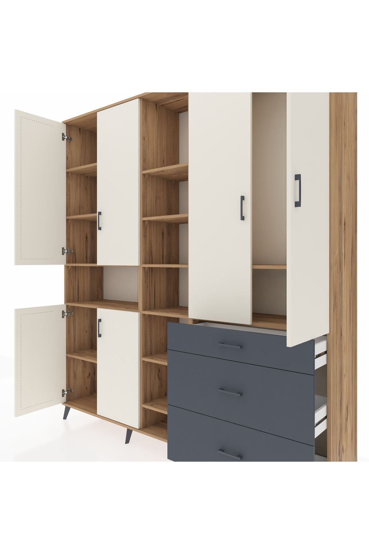 Hyperion Dolap 13 Raflı 3 Çekmeceli 6 Kapaklı 220x44x243 Çam-Aytaşı/Antrasit