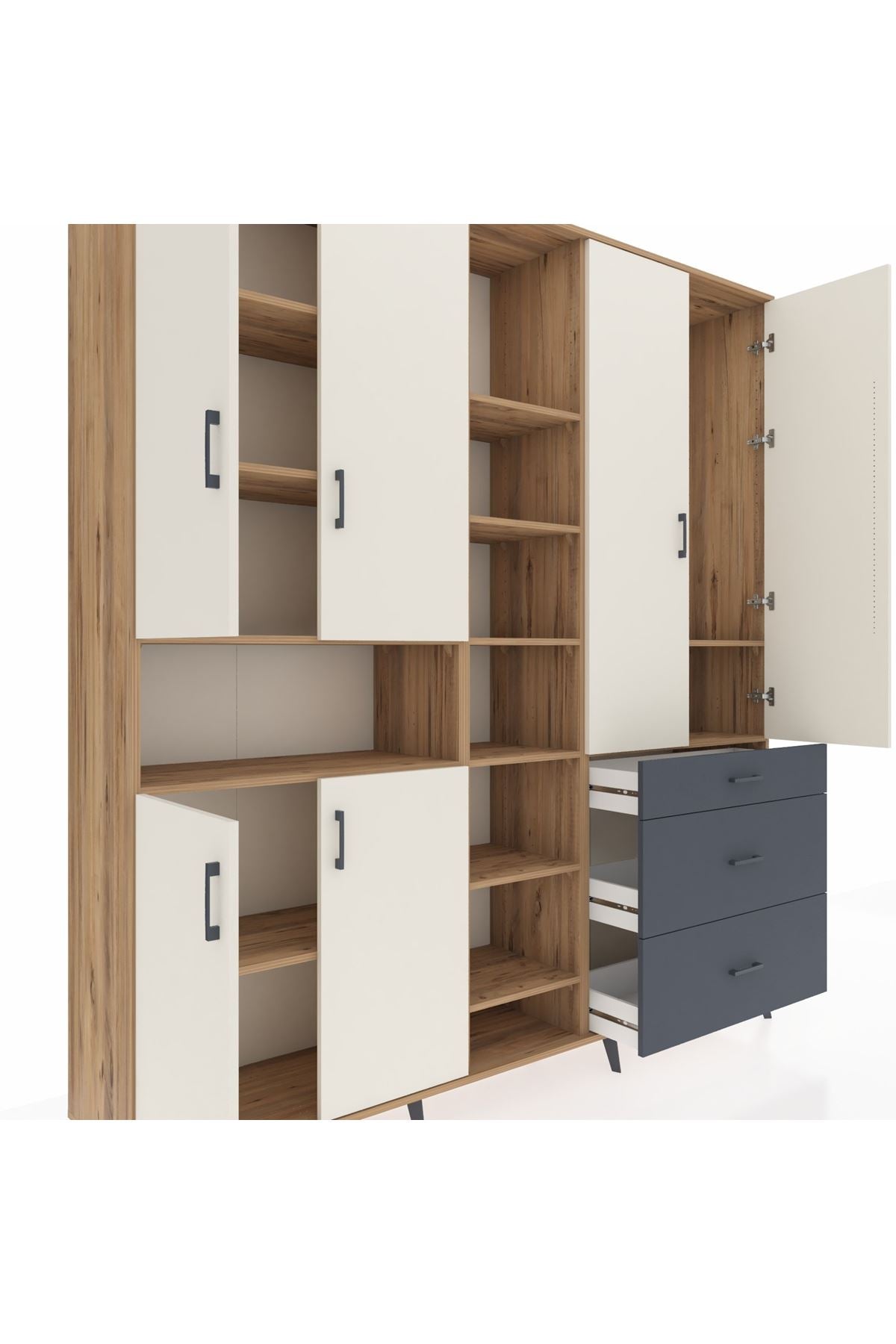 Hyperion Dolap 13 Raflı 3 Çekmeceli 6 Kapaklı 220x44x243 Çam-Aytaşı/Antrasit