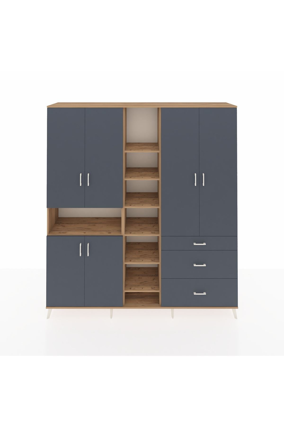 Hyperion Dolap 13 Raflı 3 Çekmeceli 6 Kapaklı 220x44x243 Çam-Antrasit/Antrasit