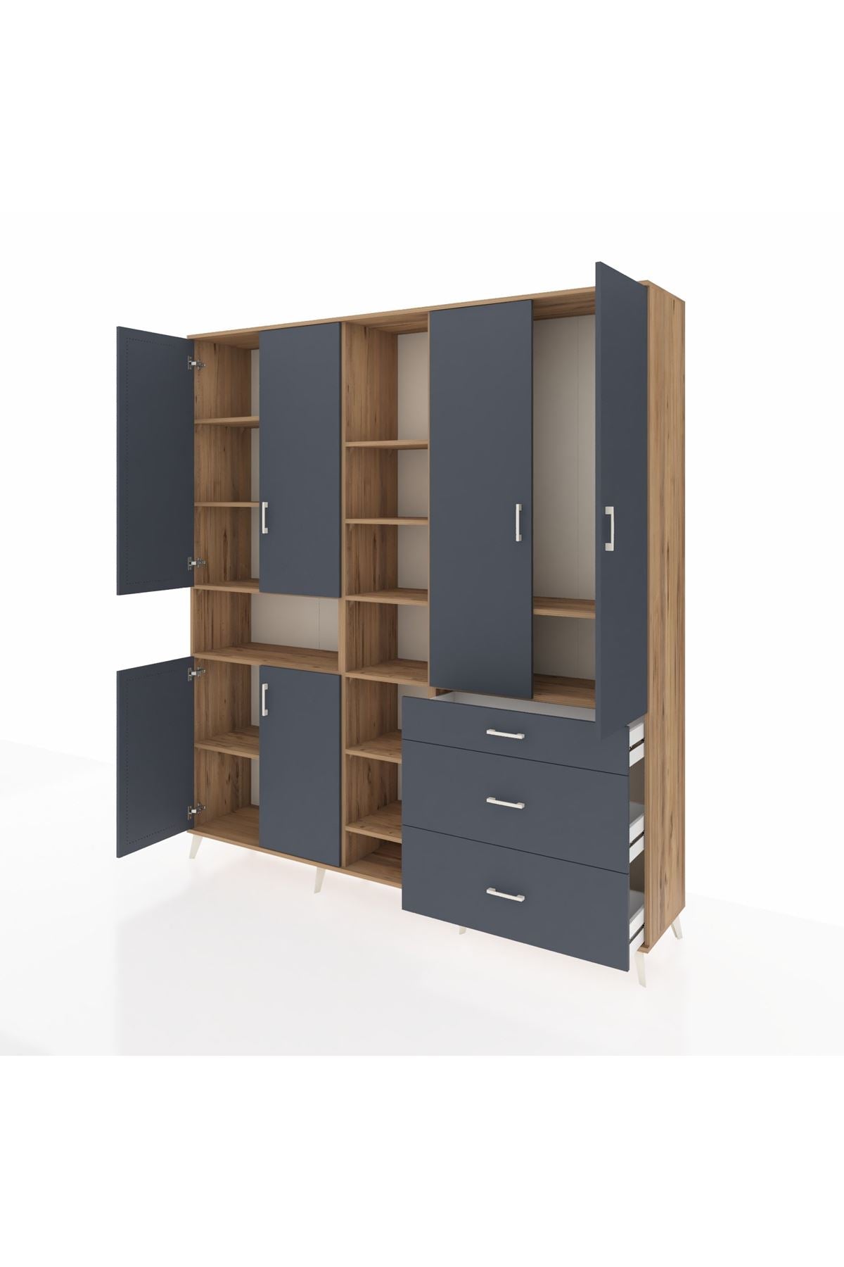 Hyperion Dolap 13 Raflı 3 Çekmeceli 6 Kapaklı 220x44x243 Çam-Antrasit/Antrasit