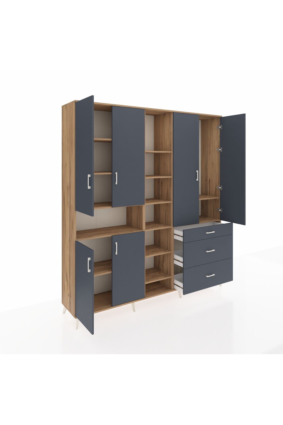 Hyperion Dolap 13 Raflı 3 Çekmeceli 6 Kapaklı 220x44x243 Çam-Antrasit/Antrasit