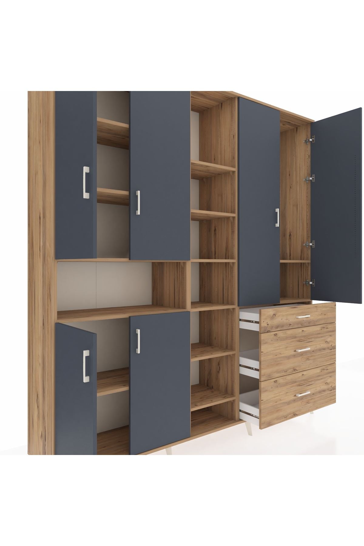 Hyperion Dolap 13 Raflı 3 Çekmeceli 6 Kapaklı 220x44x243 Çam-Antrasit/Çam