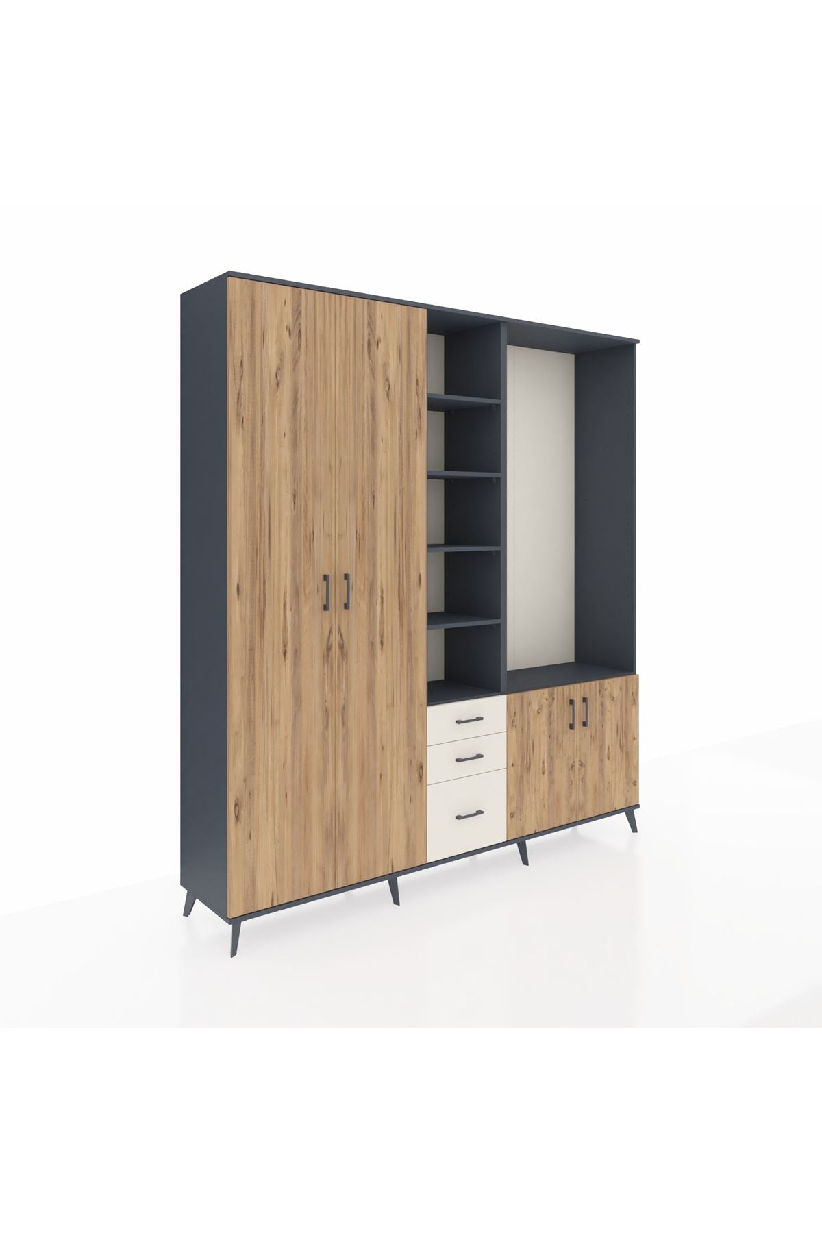 Hyperion Dolap 13 Raflı 3 Çekmeceli 4 Kapaklı 220x44x243 Antrasit-Çam/Aytaşı