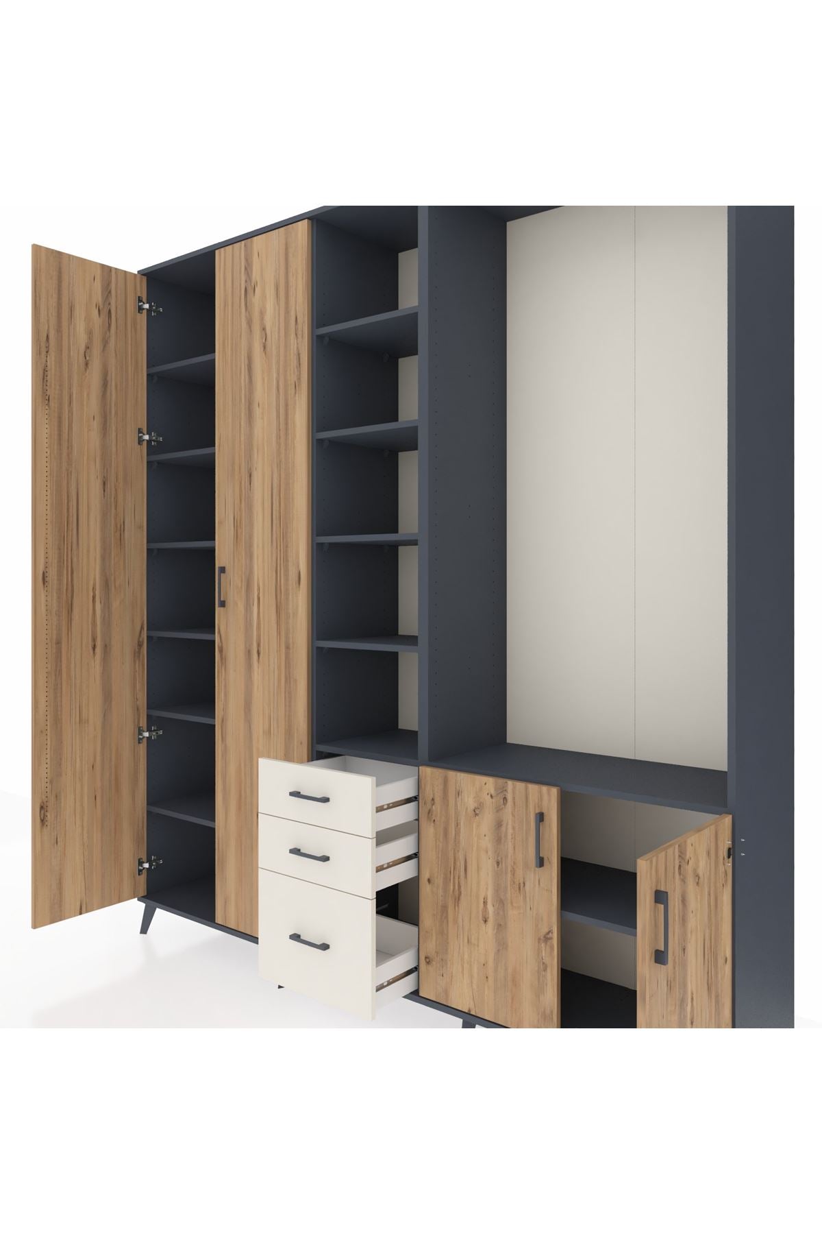 Hyperion Dolap 13 Raflı 3 Çekmeceli 4 Kapaklı 220x44x243 Antrasit-Çam/Aytaşı