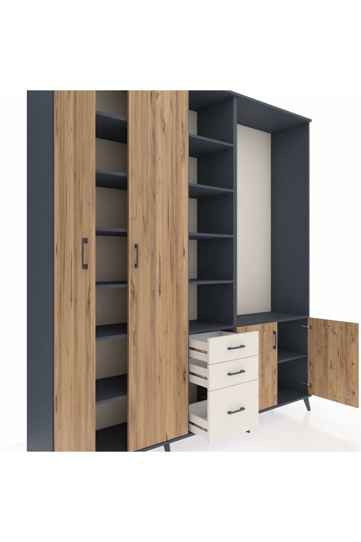 Hyperion Dolap 13 Raflı 3 Çekmeceli 4 Kapaklı 220x44x243 Antrasit-Çam/Aytaşı