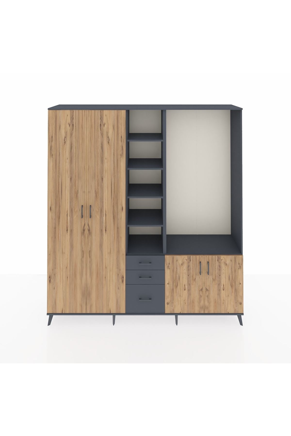 Hyperion Dolap 13 Raflı 3 Çekmeceli 4 Kapaklı 220x44x243 Antrasit-Çam/Antrasit