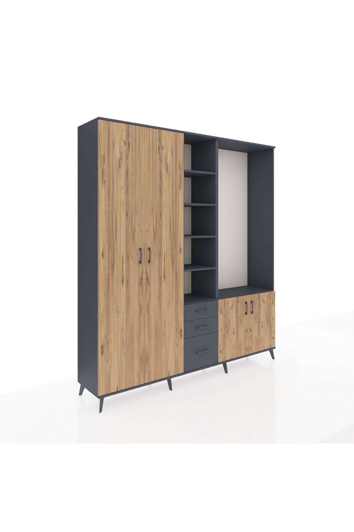 Hyperion Dolap 13 Raflı 3 Çekmeceli 4 Kapaklı 220x44x243 Antrasit-Çam/Antrasit