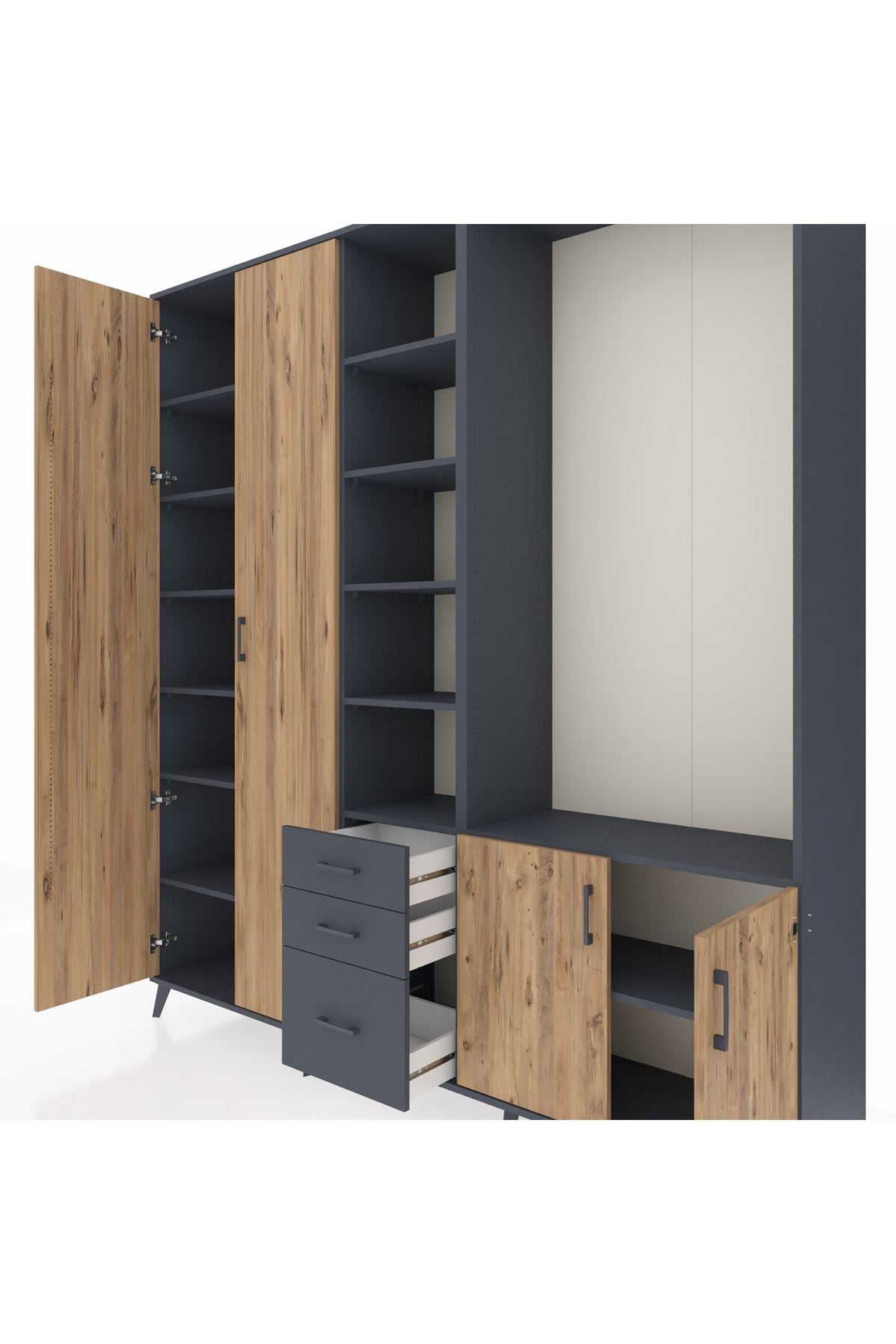 Hyperion Dolap 13 Raflı 3 Çekmeceli 4 Kapaklı 220x44x243 Antrasit-Çam/Antrasit