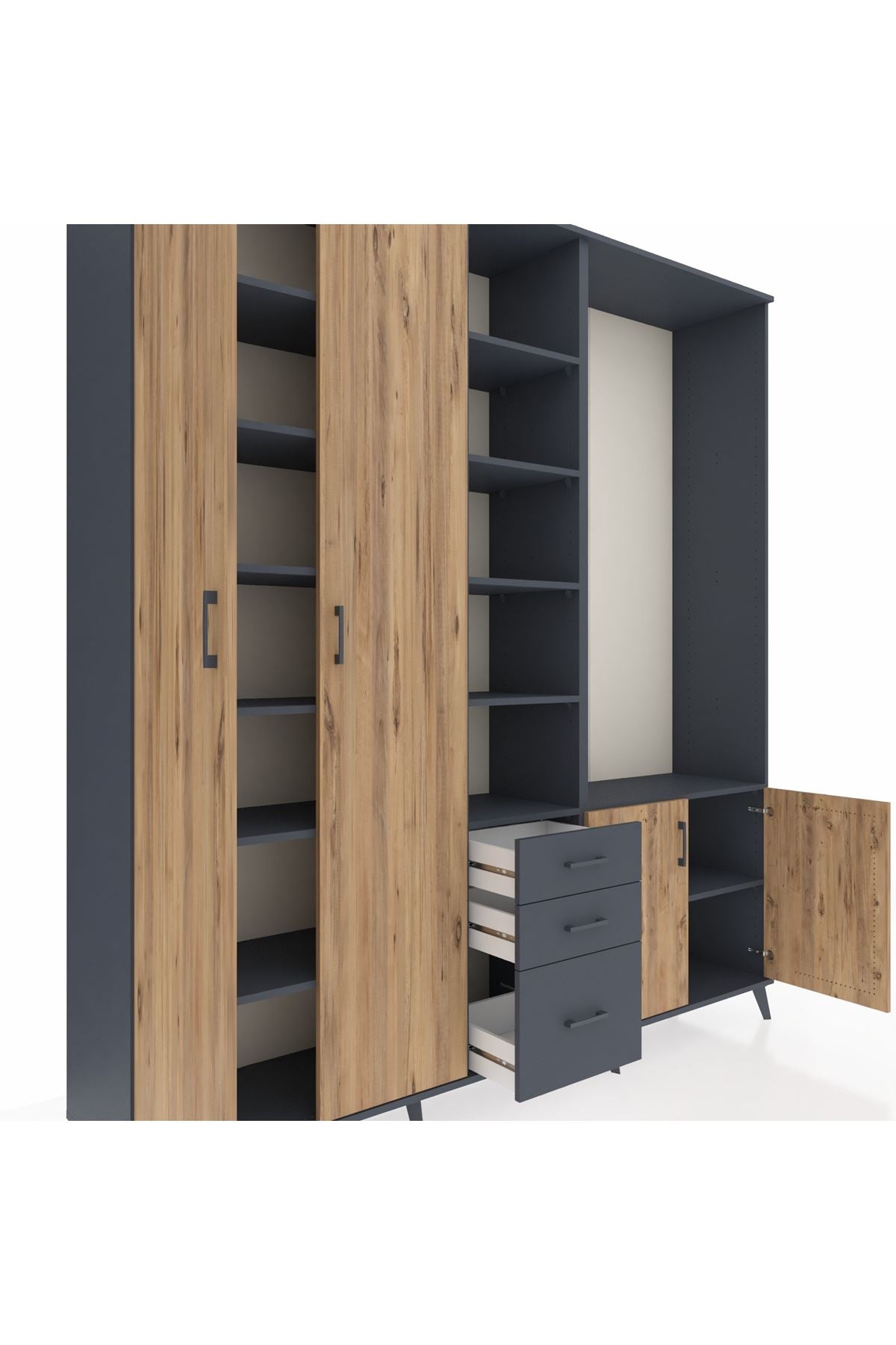 Hyperion Dolap 13 Raflı 3 Çekmeceli 4 Kapaklı 220x44x243 Antrasit-Çam/Antrasit