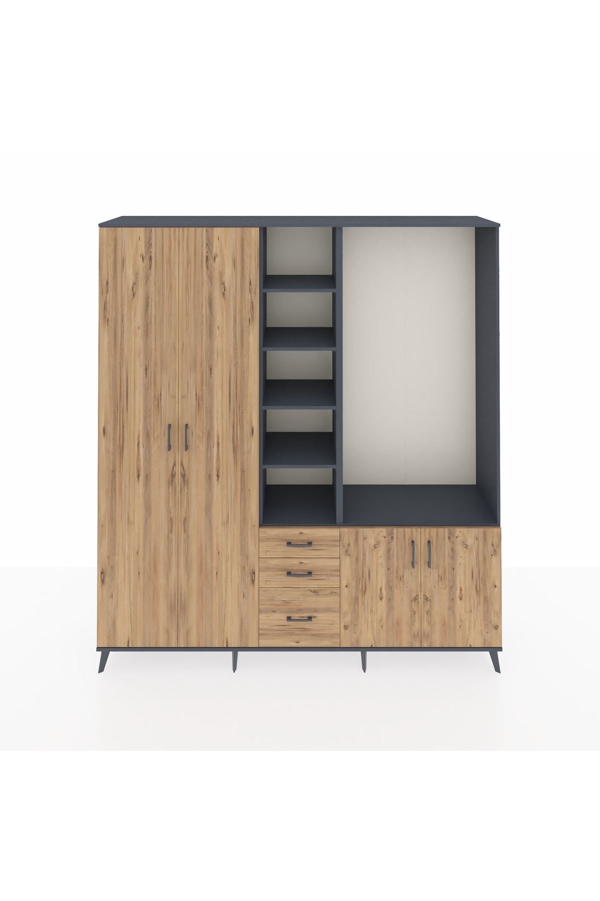 Hyperion Dolap 13 Raflı 3 Çekmeceli 4 Kapaklı 220x44x243 Antrasit-Çam/Çam