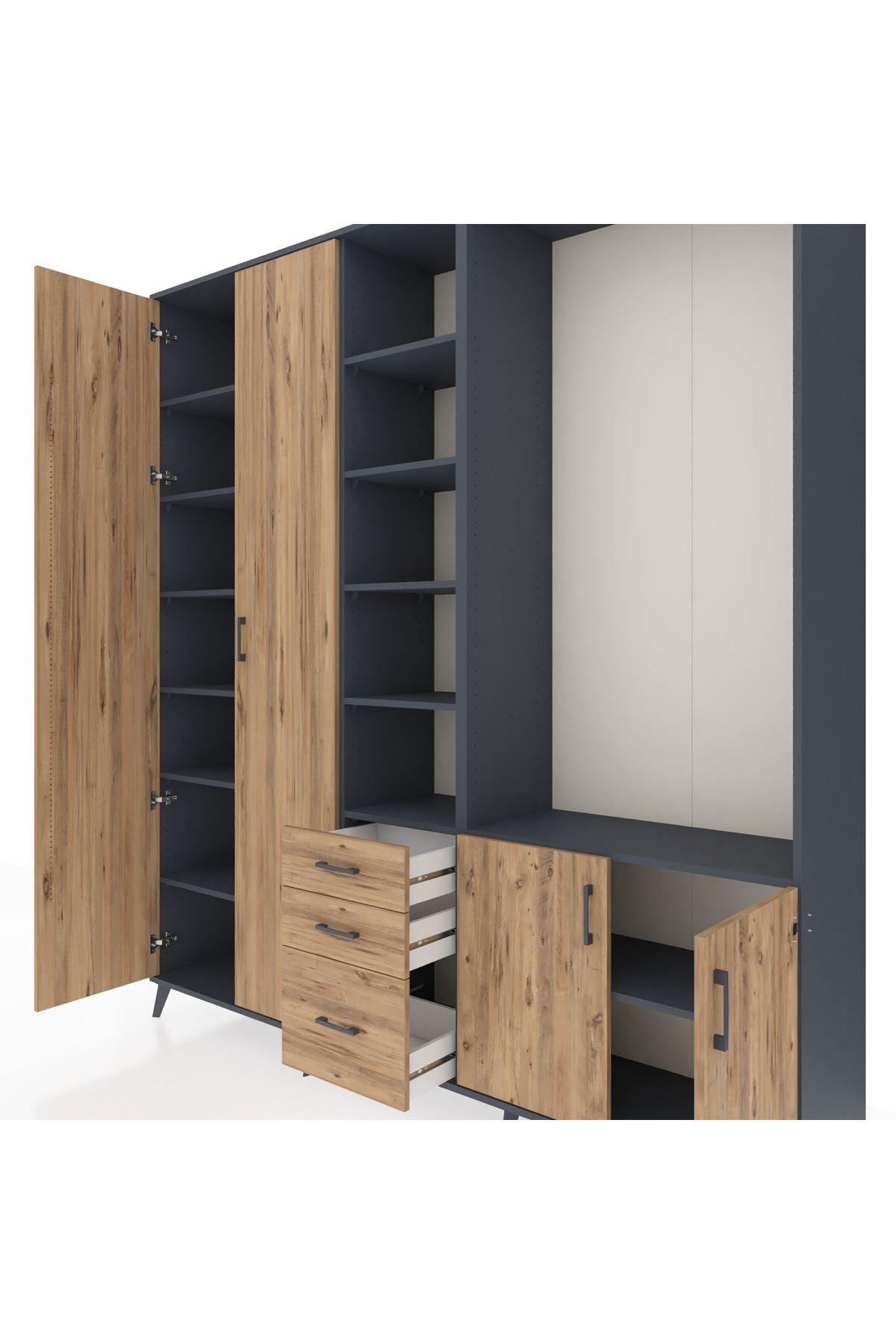 Hyperion Dolap 13 Raflı 3 Çekmeceli 4 Kapaklı 220x44x243 Antrasit-Çam/Çam