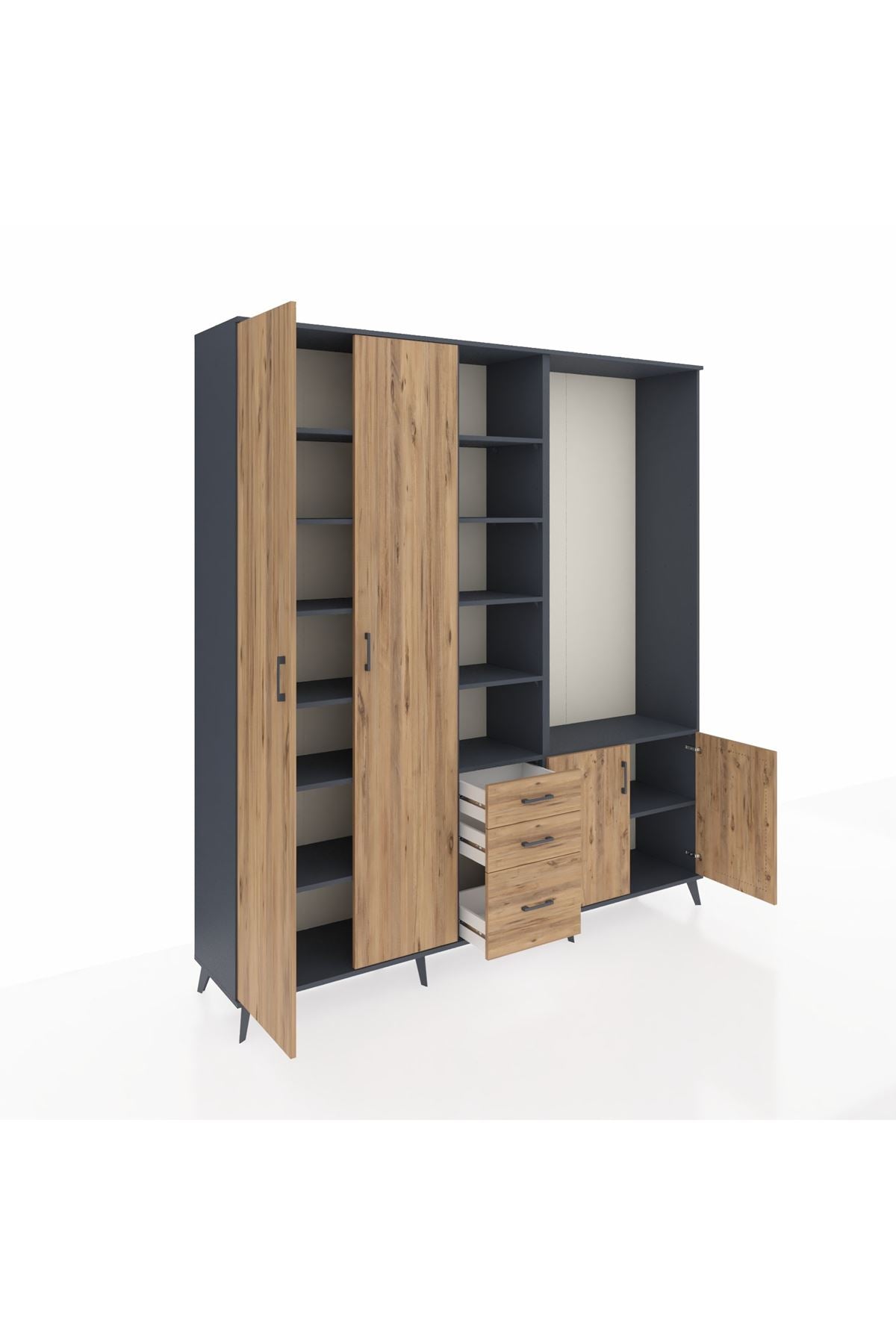 Hyperion Dolap 13 Raflı 3 Çekmeceli 4 Kapaklı 220x44x243 Antrasit-Çam/Çam