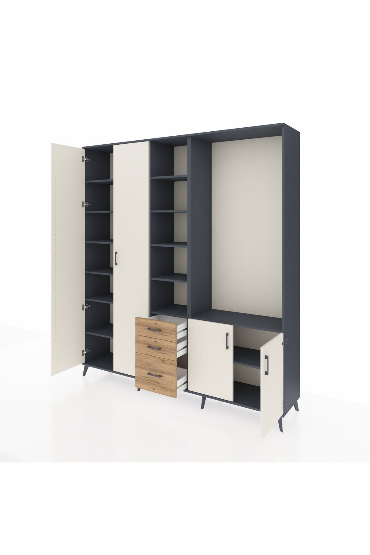 Hyperion Dolap 13 Raflı 3 Çekmeceli 4 Kapaklı 220x44x243 Antrasit-Aytaşı/Çam