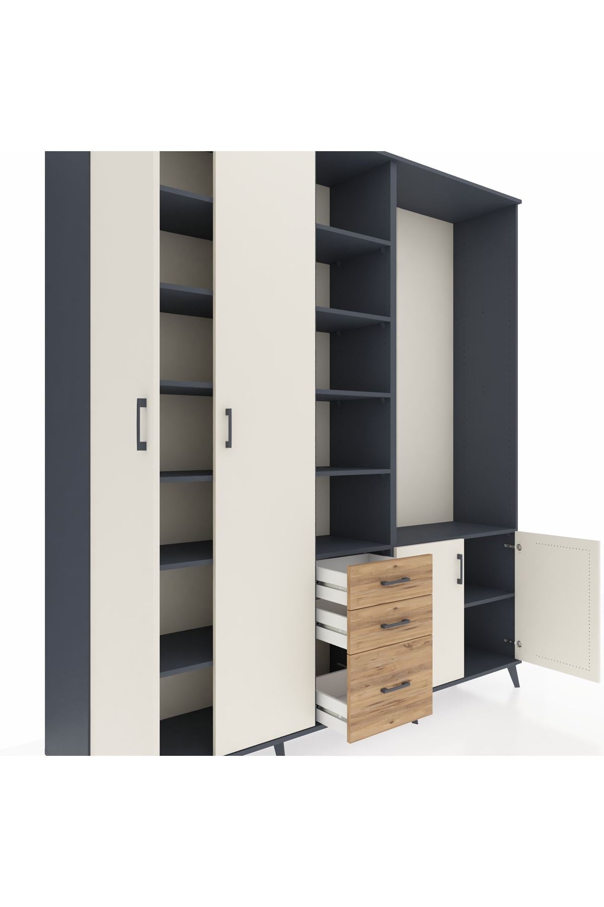 Hyperion Dolap 13 Raflı 3 Çekmeceli 4 Kapaklı 220x44x243 Antrasit-Aytaşı/Çam