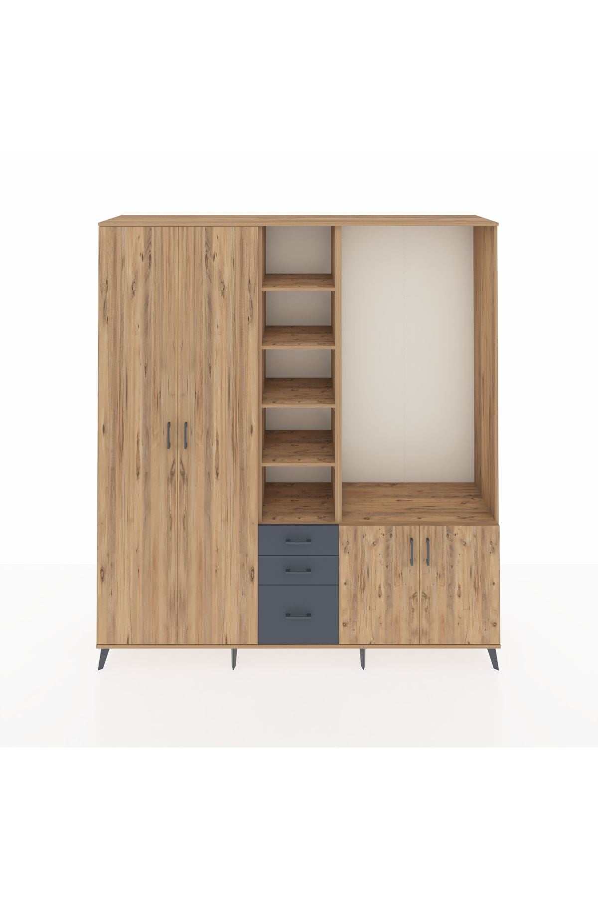 Hyperion Dolap 13 Raflı 3 Çekmeceli 4 Kapaklı 220x44x243 Çam-Çam/Antrasit