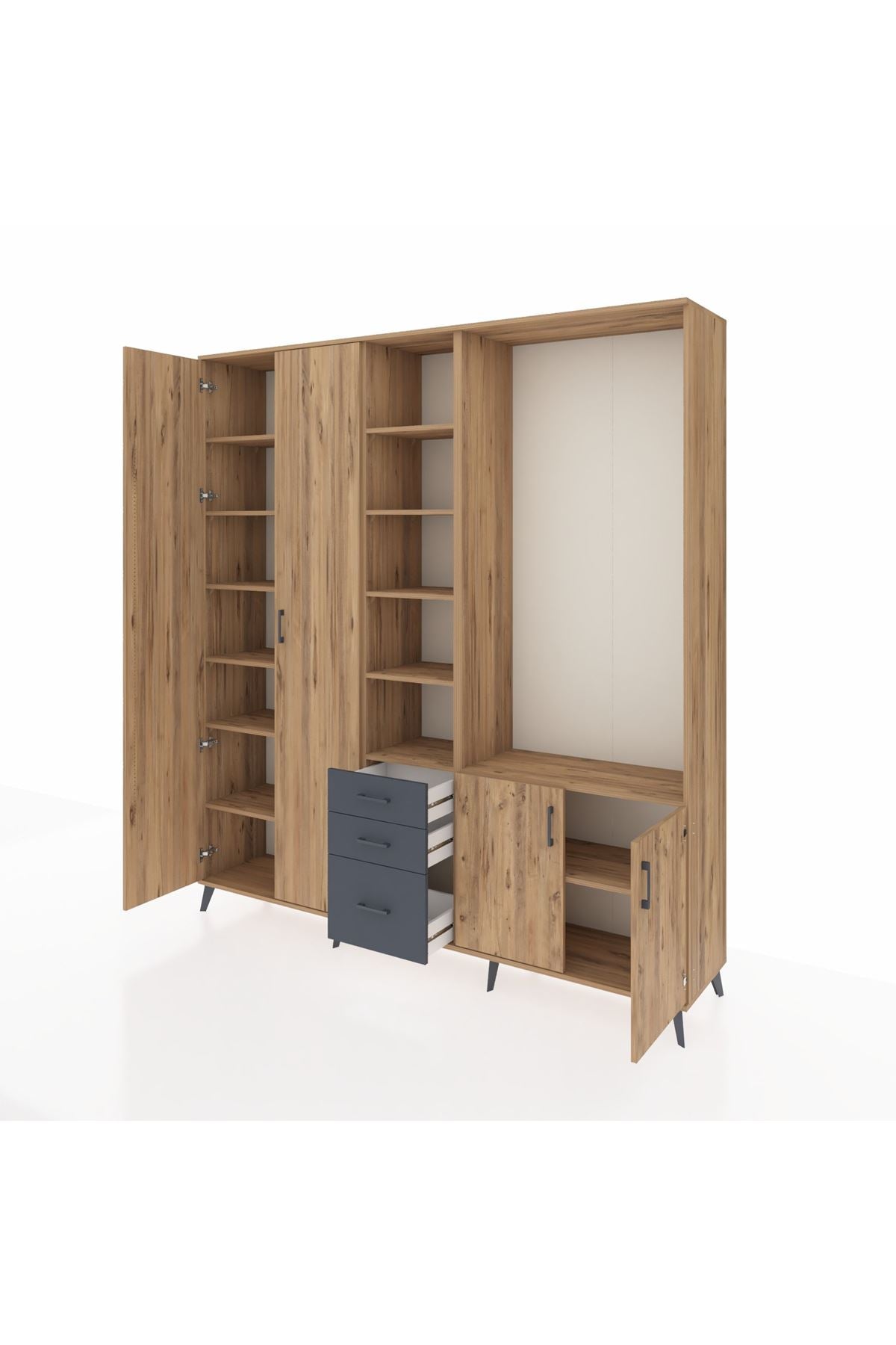 Hyperion Dolap 13 Raflı 3 Çekmeceli 4 Kapaklı 220x44x243 Çam-Çam/Antrasit