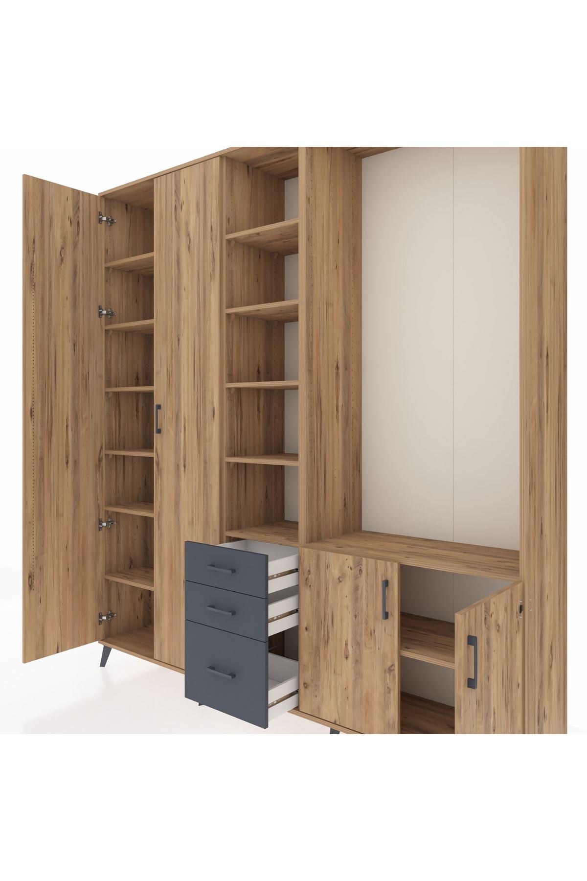 Hyperion Dolap 13 Raflı 3 Çekmeceli 4 Kapaklı 220x44x243 Çam-Çam/Antrasit