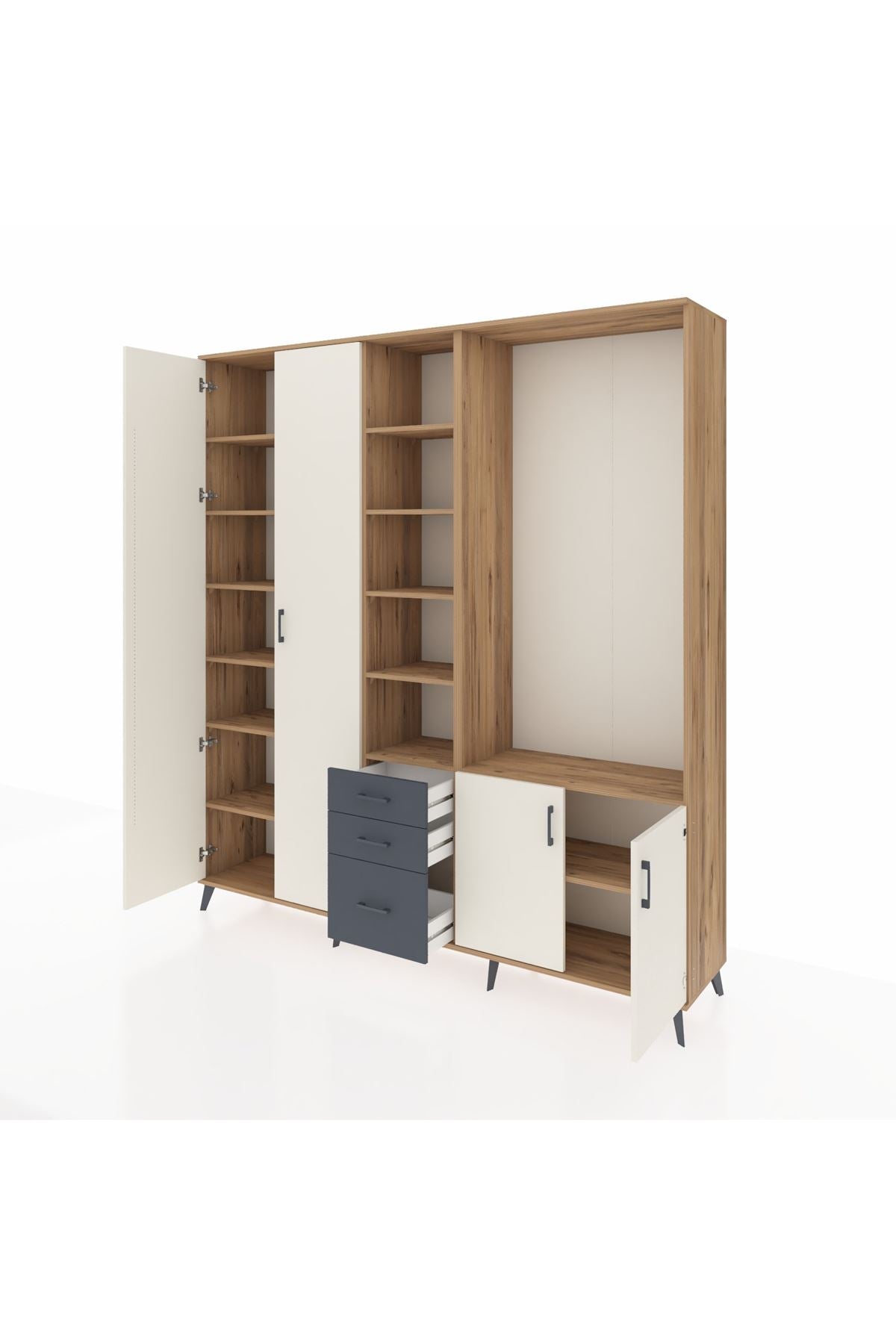 Hyperion Dolap 13 Raflı 3 Çekmeceli 4 Kapaklı 220x44x243 Çam-Aytaşı/Antrasit