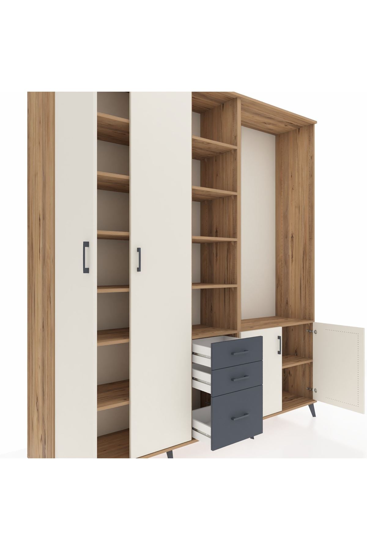 Hyperion Dolap 13 Raflı 3 Çekmeceli 4 Kapaklı 220x44x243 Çam-Aytaşı/Antrasit