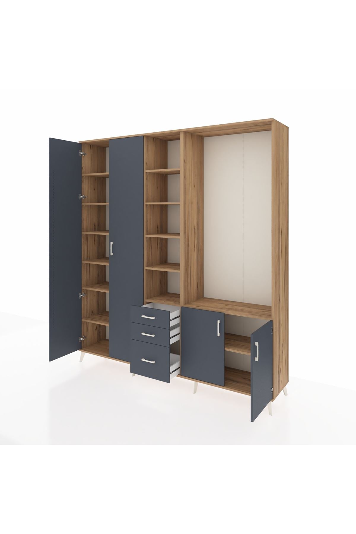 Hyperion Dolap 13 Raflı 3 Çekmeceli 4 Kapaklı 220x44x243 Çam-Antrasit/Antrasit