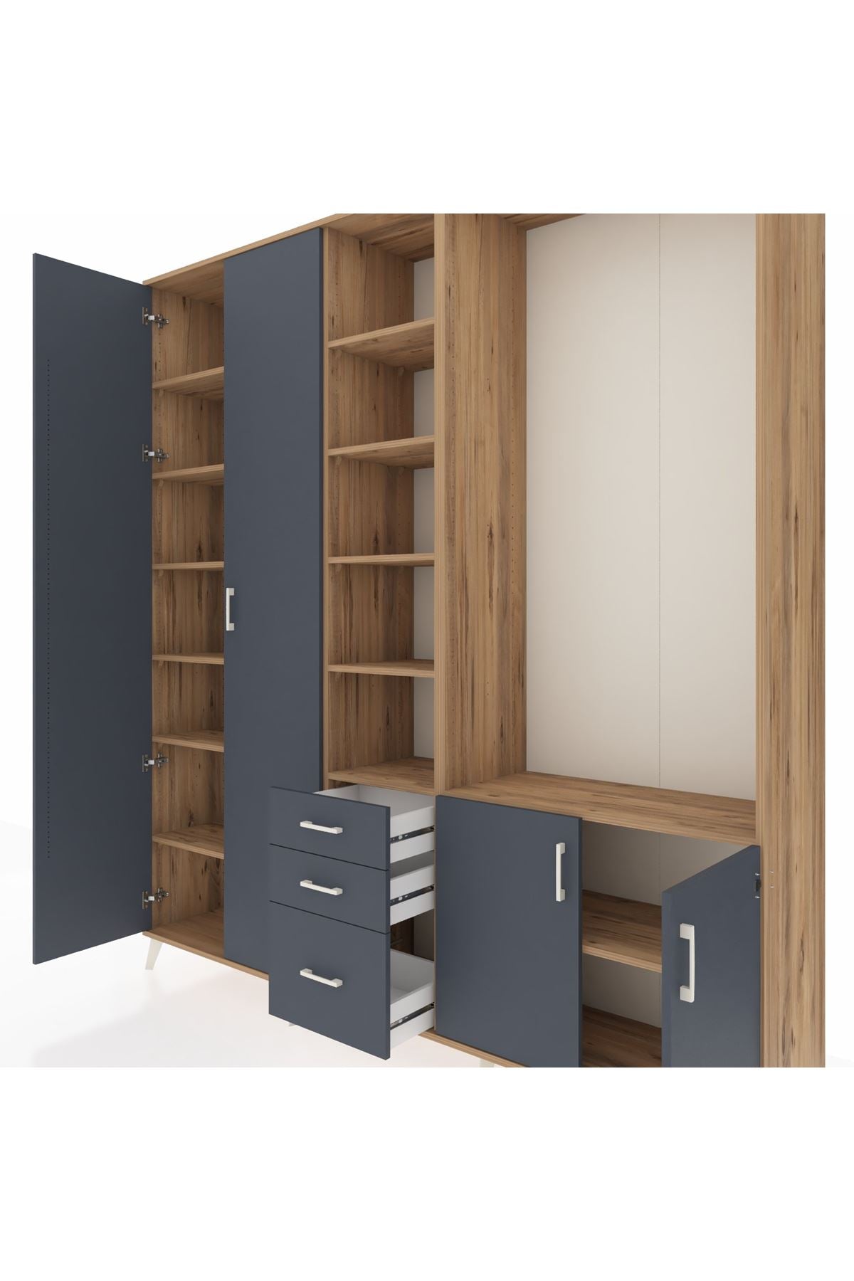 Hyperion Dolap 13 Raflı 3 Çekmeceli 4 Kapaklı 220x44x243 Çam-Antrasit/Antrasit