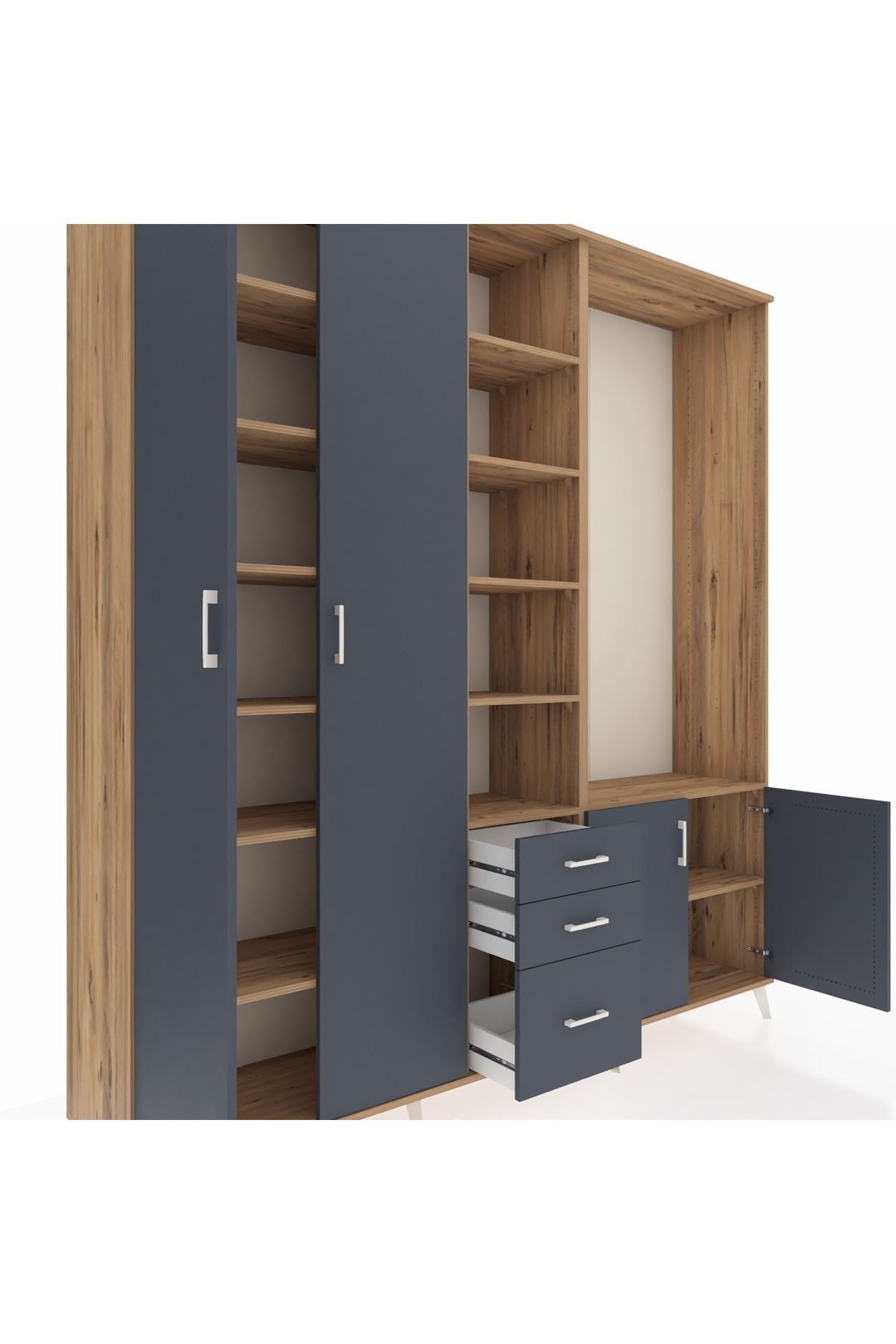 Hyperion Dolap 13 Raflı 3 Çekmeceli 4 Kapaklı 220x44x243 Çam-Antrasit/Antrasit