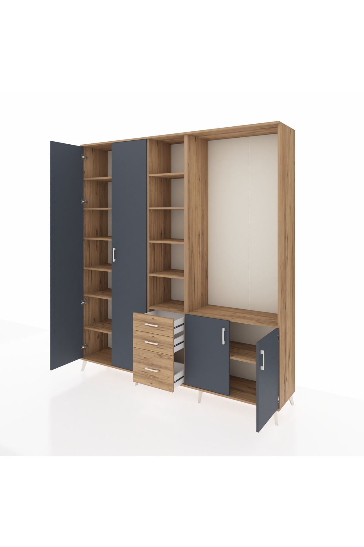 Hyperion Dolap 13 Raflı 3 Çekmeceli 4 Kapaklı 220x44x243 Çam-Antrasit/Çam