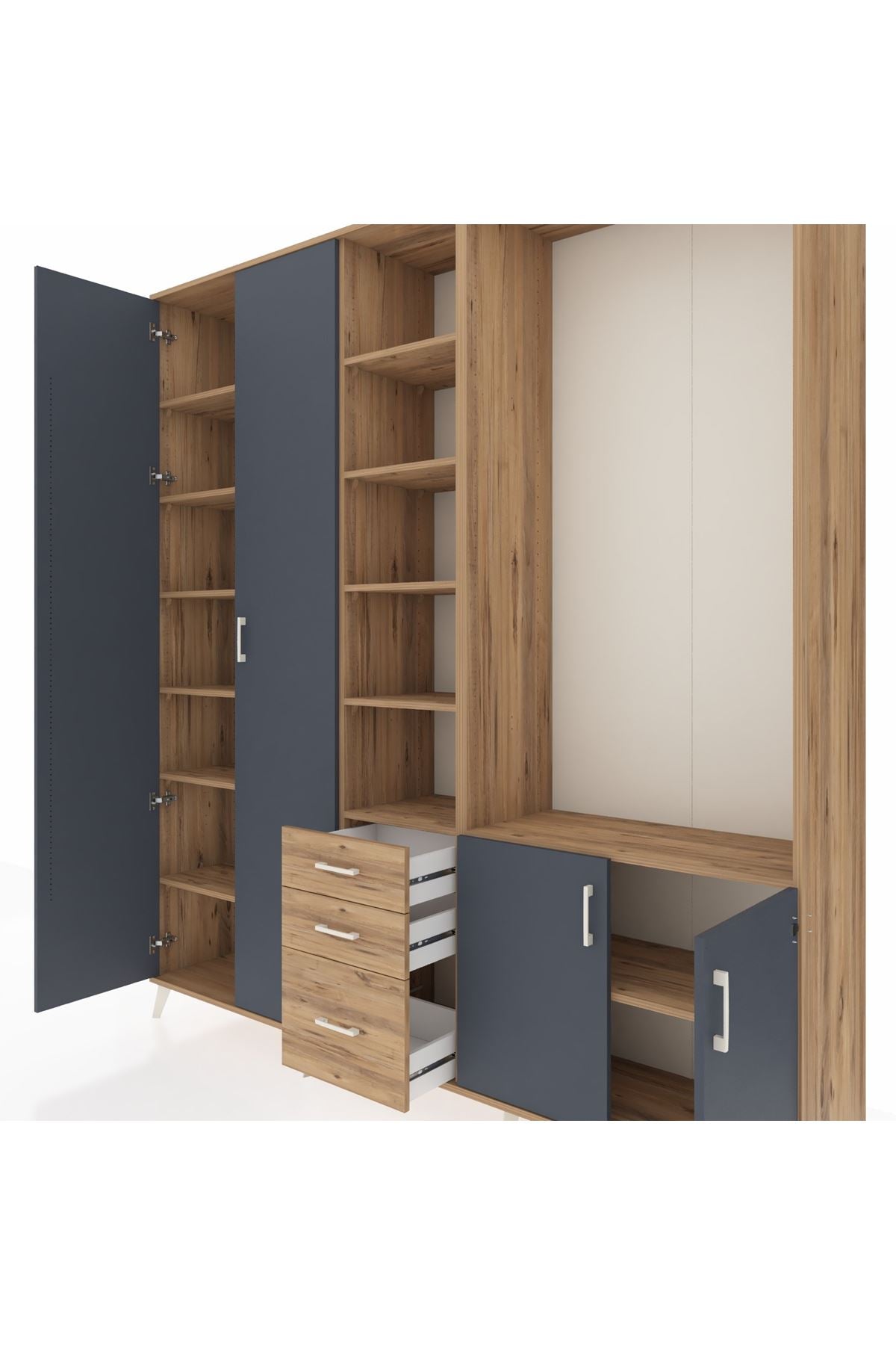 Hyperion Dolap 13 Raflı 3 Çekmeceli 4 Kapaklı 220x44x243 Çam-Antrasit/Çam