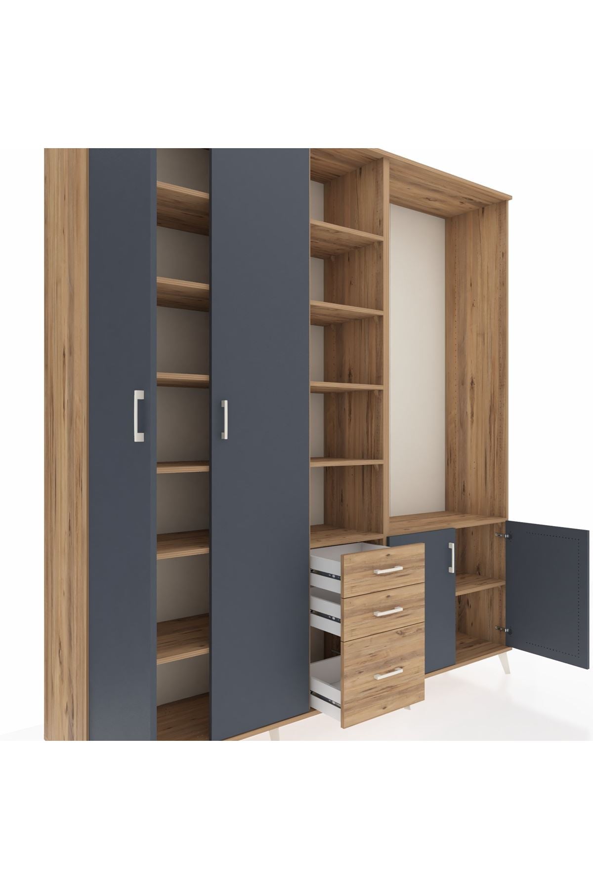 Hyperion Dolap 13 Raflı 3 Çekmeceli 4 Kapaklı 220x44x243 Çam-Antrasit/Çam