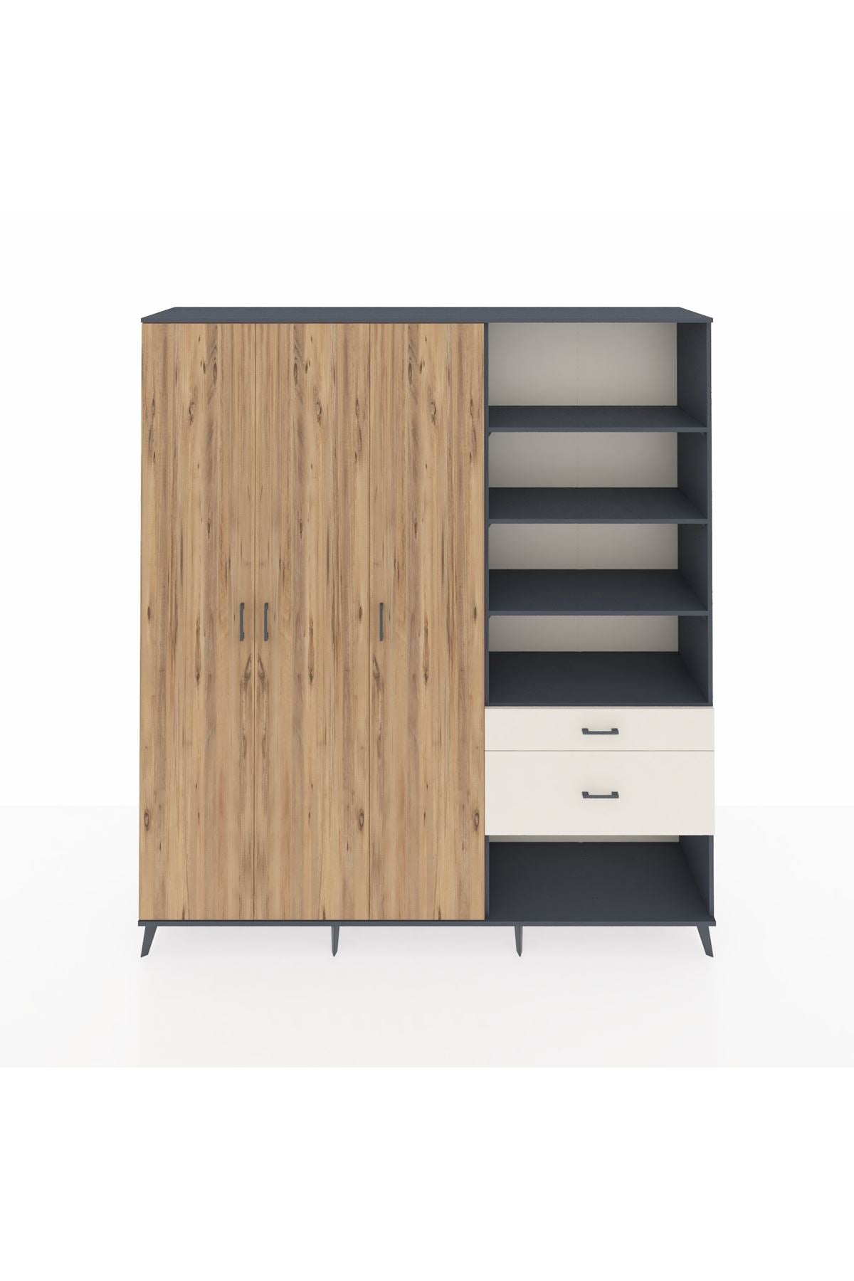 Hyperion Dolap 16 Raflı 2 Çekmeceli 3 Kapaklı 220x44x243 Antrasit-Çam/Aytaşı