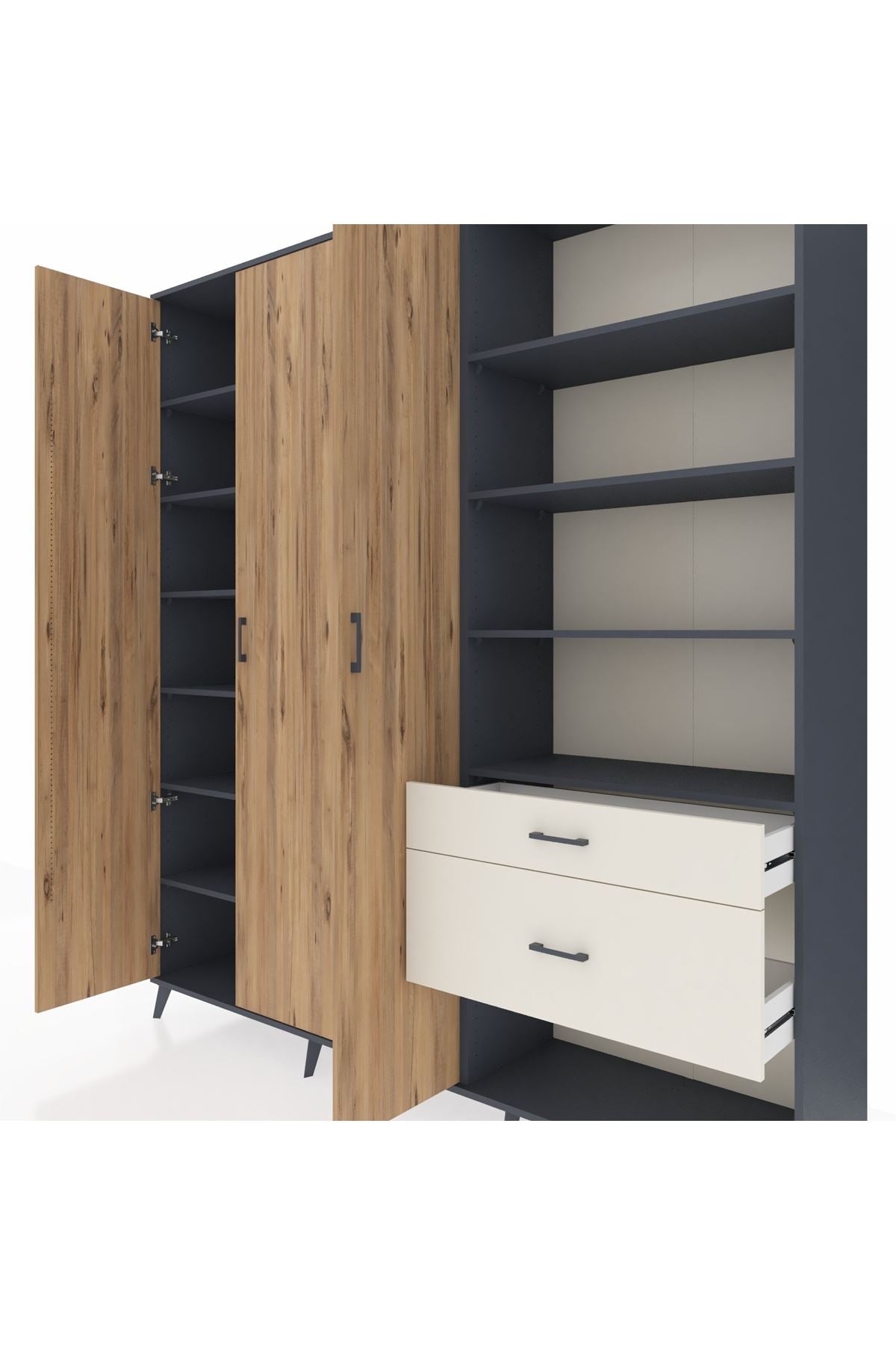 Hyperion Dolap 16 Raflı 2 Çekmeceli 3 Kapaklı 220x44x243 Antrasit-Çam/Aytaşı