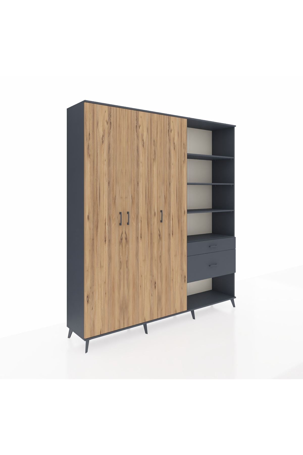 Hyperion Dolap 16 Raflı 2 Çekmeceli 3 Kapaklı 220x44x243 Antrasit-Çam/Antrasit