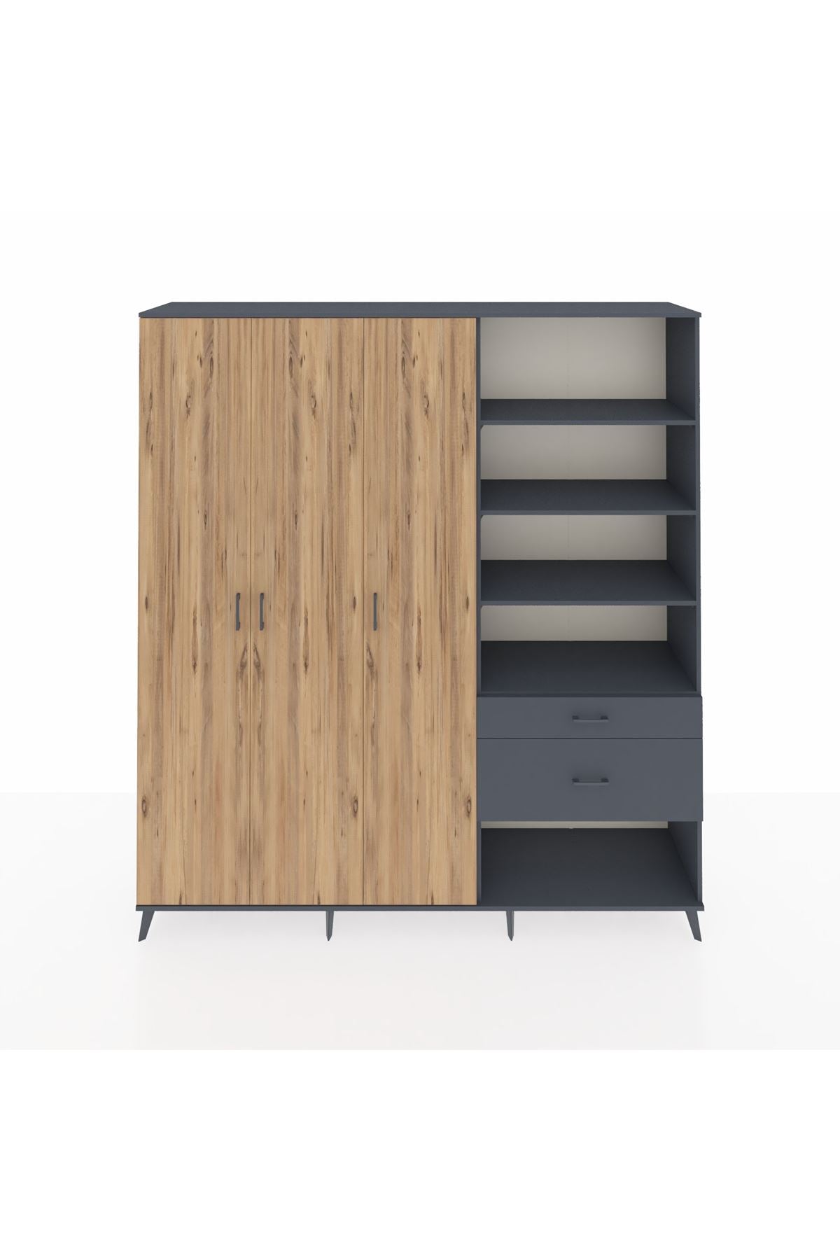 Hyperion Dolap 16 Raflı 2 Çekmeceli 3 Kapaklı 220x44x243 Antrasit-Çam/Antrasit