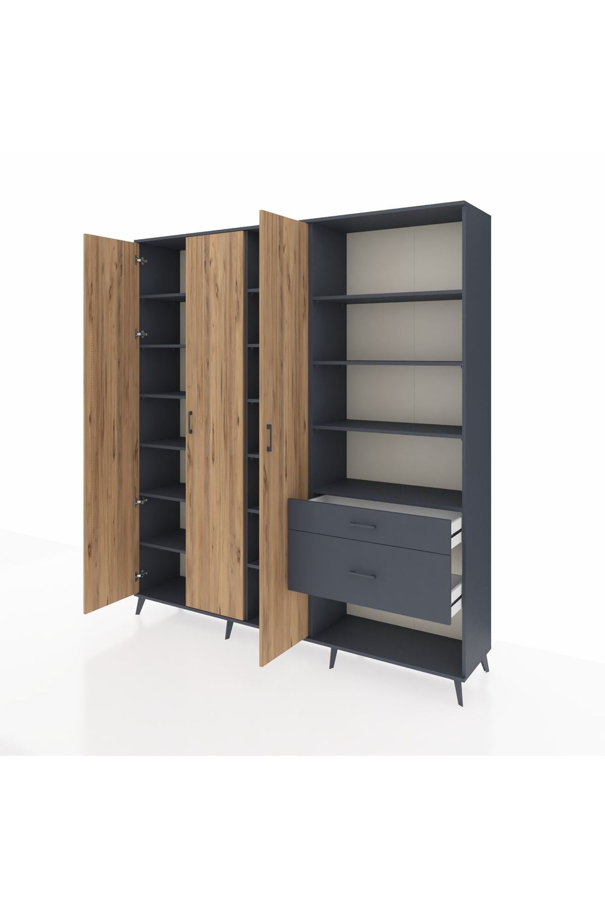 Hyperion Dolap 16 Raflı 2 Çekmeceli 3 Kapaklı 220x44x243 Antrasit-Çam/Antrasit