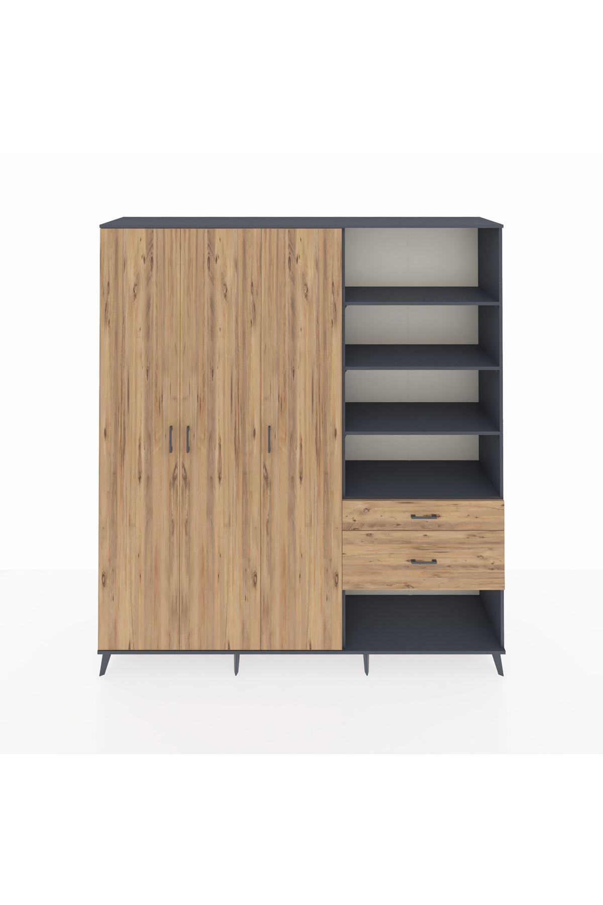 Hyperion Dolap 16 Raflı 2 Çekmeceli 3 Kapaklı 220x44x243 Antrasit-Çam/Çam