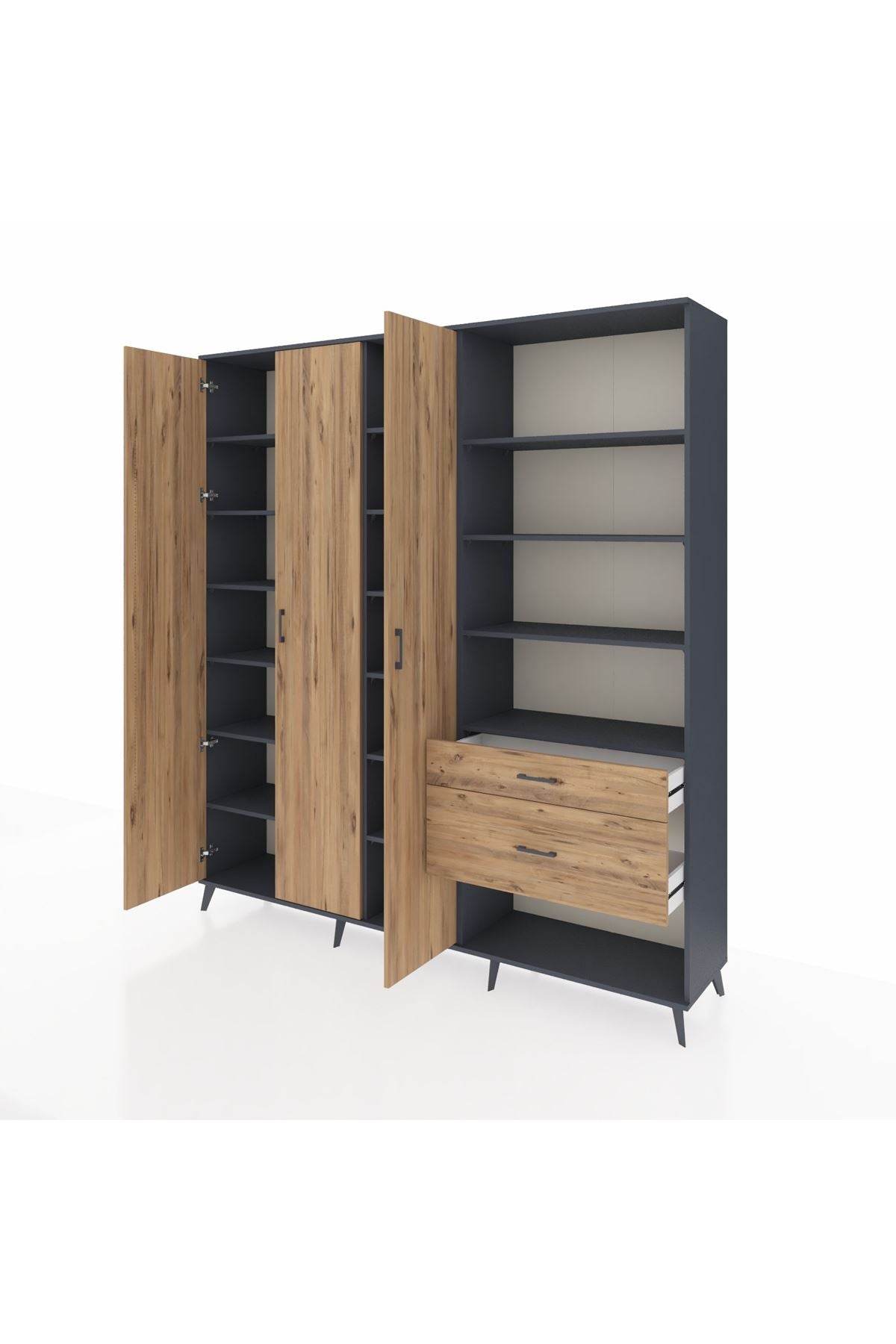 Hyperion Dolap 16 Raflı 2 Çekmeceli 3 Kapaklı 220x44x243 Antrasit-Çam/Çam